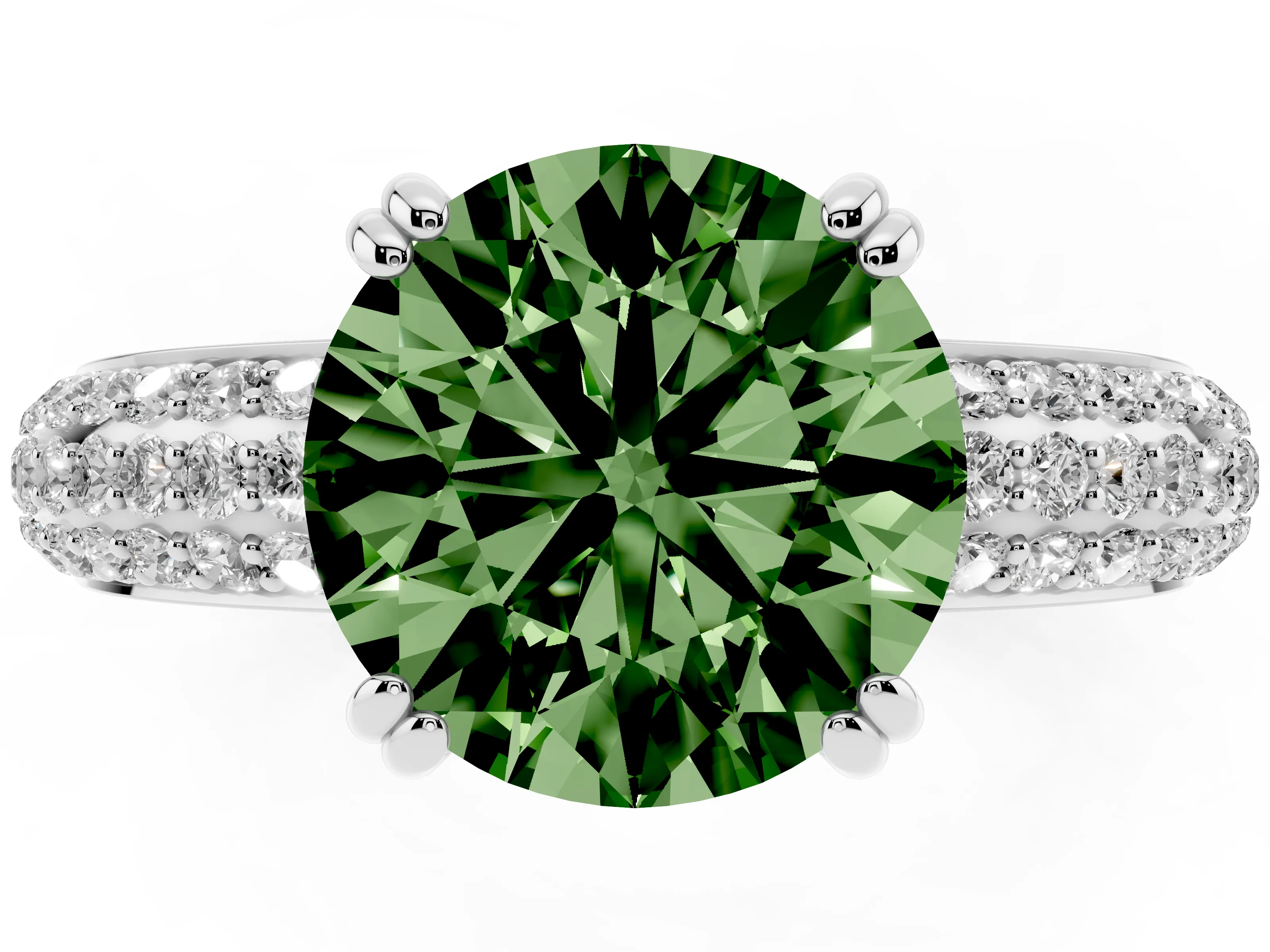 Fancy Green Round Cut Diamond Solitaire Ring Set in Silver with Multi-Row Round Pavé Band and Prong Setting