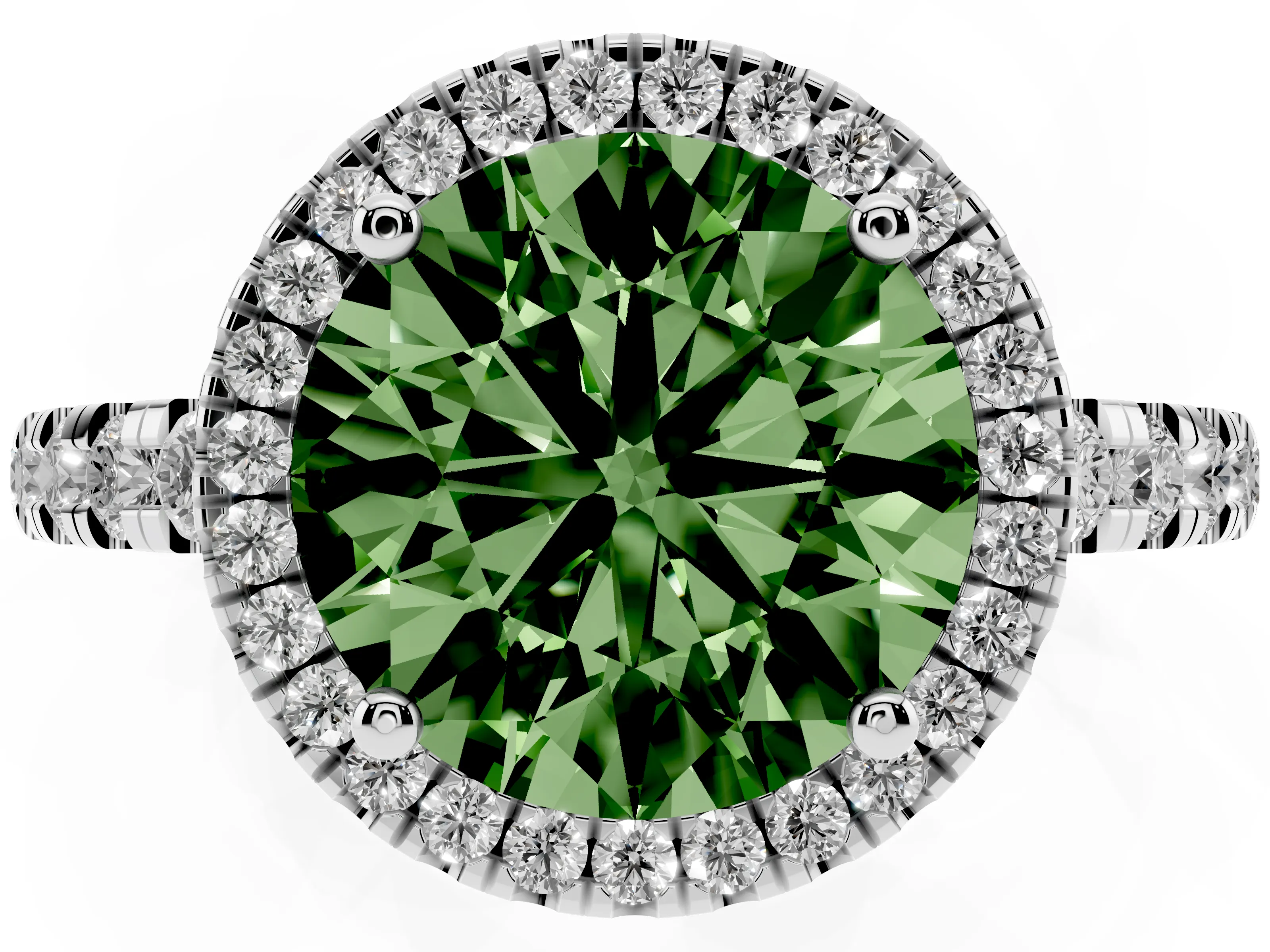Fancy Green Round Cut Diamond Halo Ring Set in Silver with Delicate Pavé Band and Prong Setting