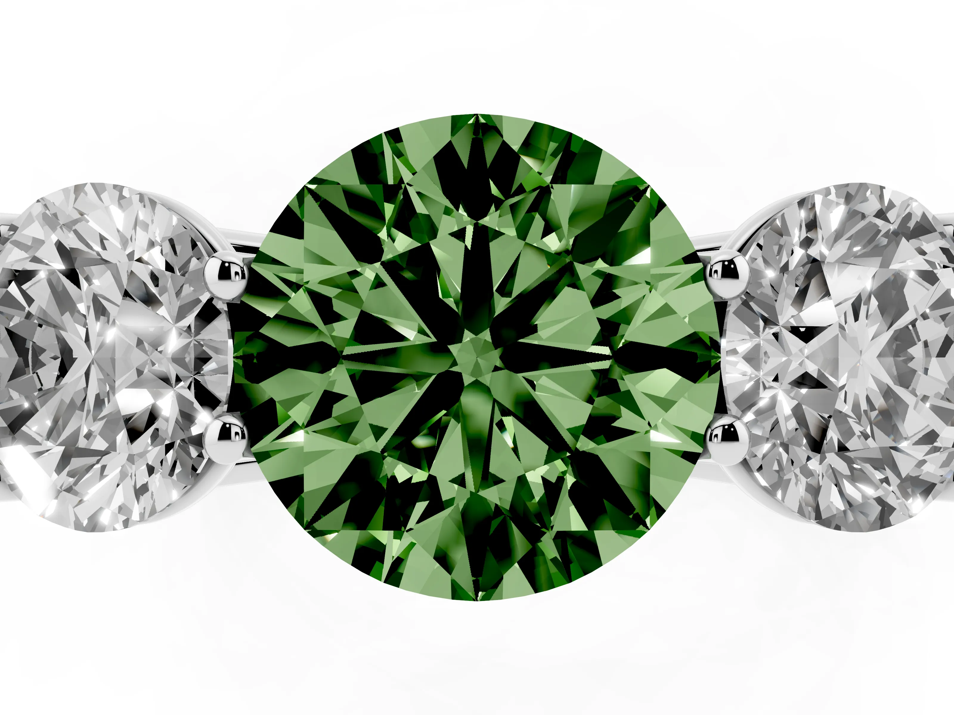 Fancy Green Round Cut Diamond Three-Stone Ring Set in Silver with Plain Polished Band
