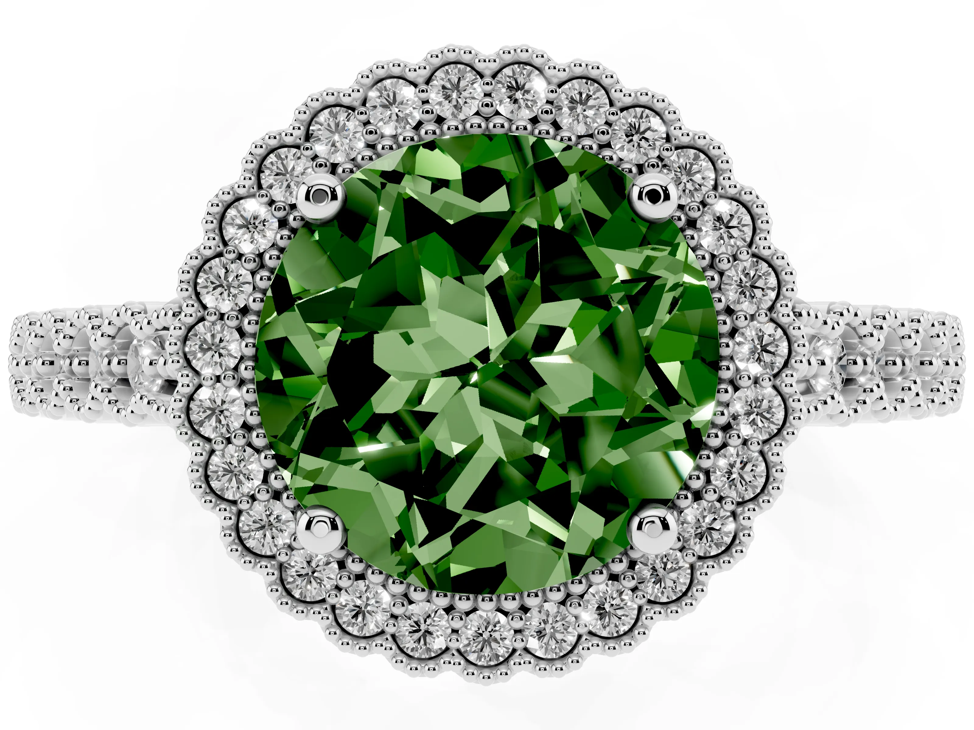 Fancy Green Round Cut Diamond Halo Ring Set in Platinum with Pavé Milgrain Band