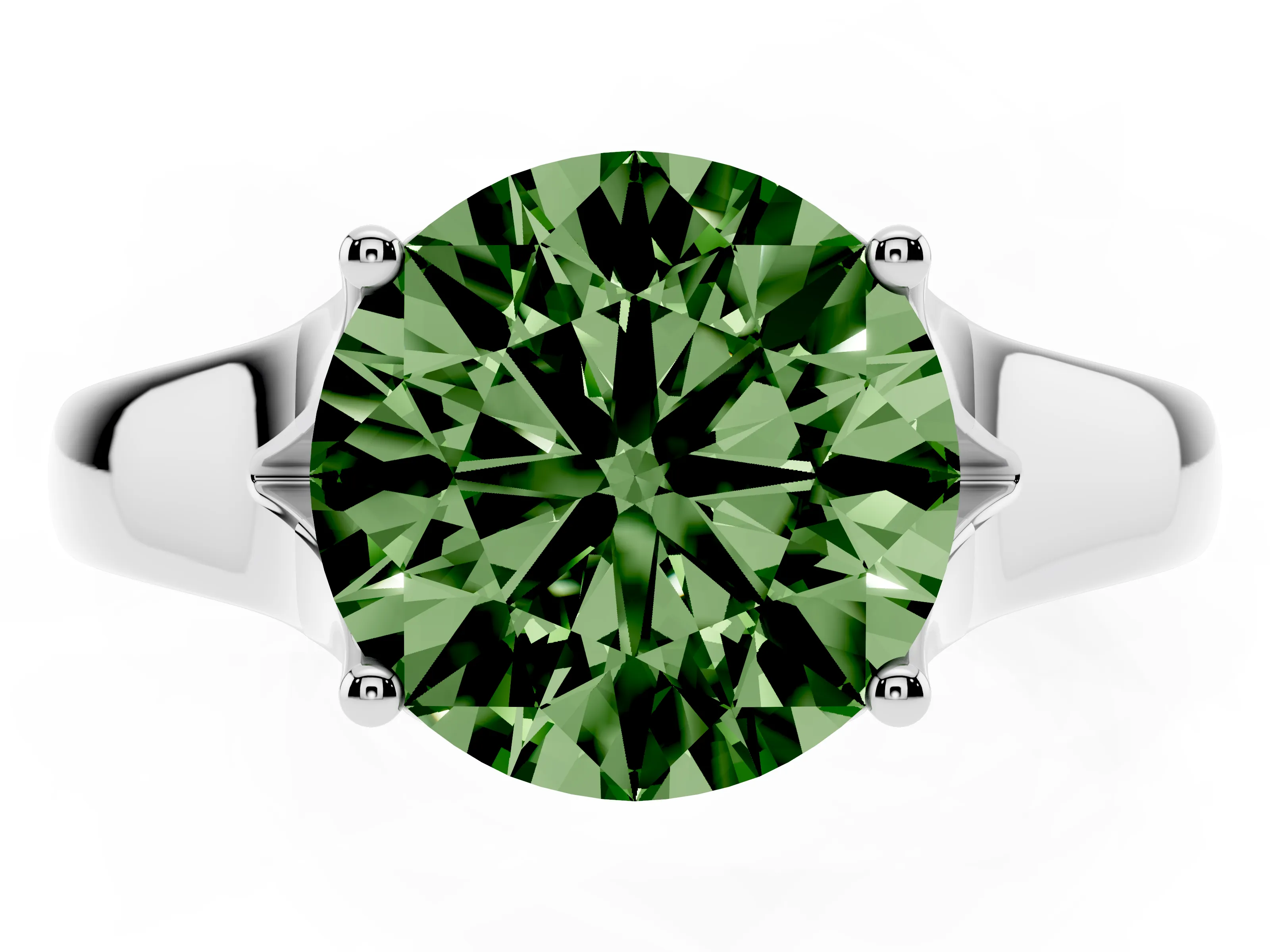 Fancy Green Round Cut Diamond Solitaire Ring Set in Platinum with Arched Cathedral Band and Prong Setting