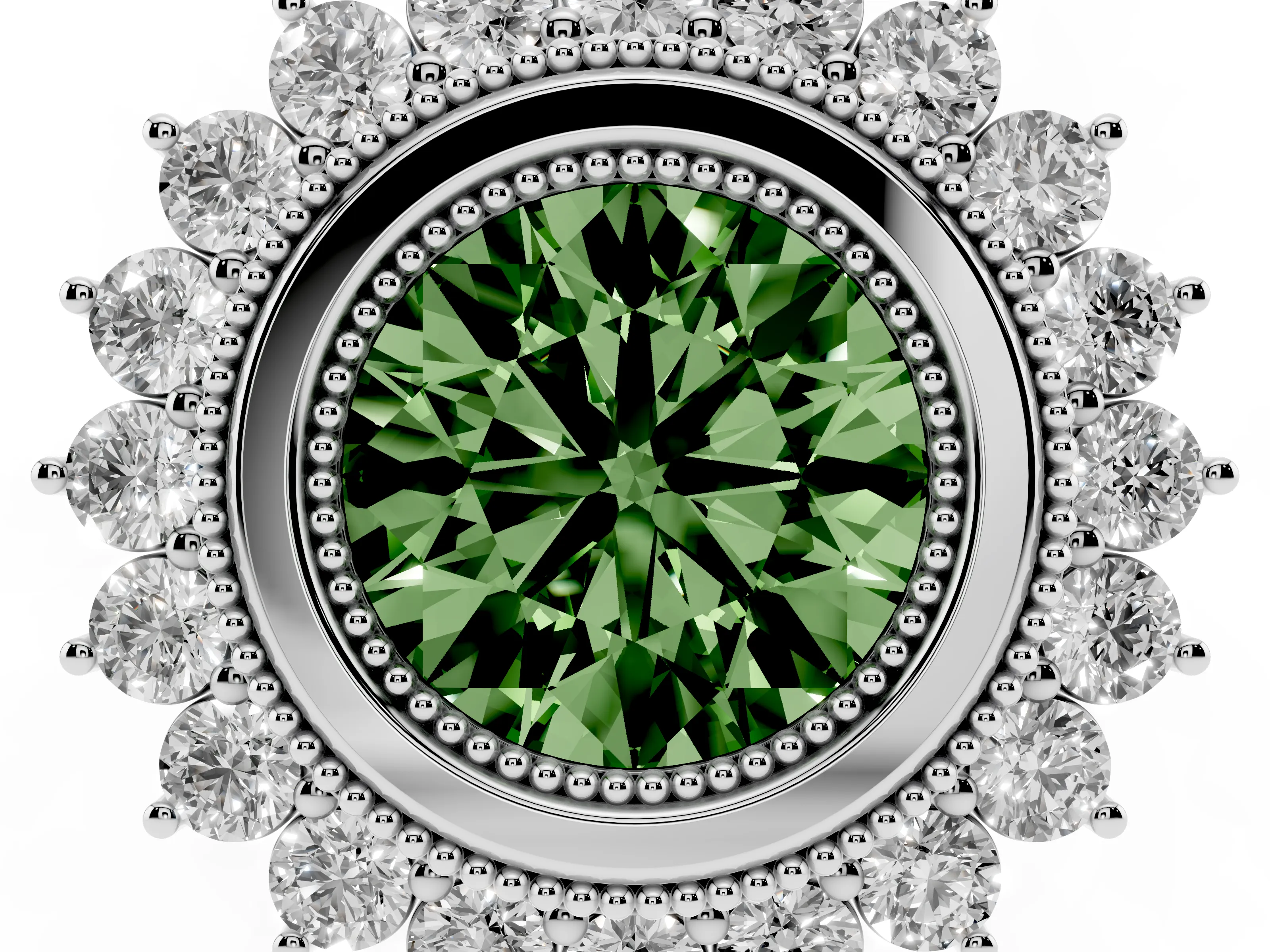 Fancy Green Round Cut Diamond Halo Ring Set in Silver with Milgrain Edge and Round Prong Setting