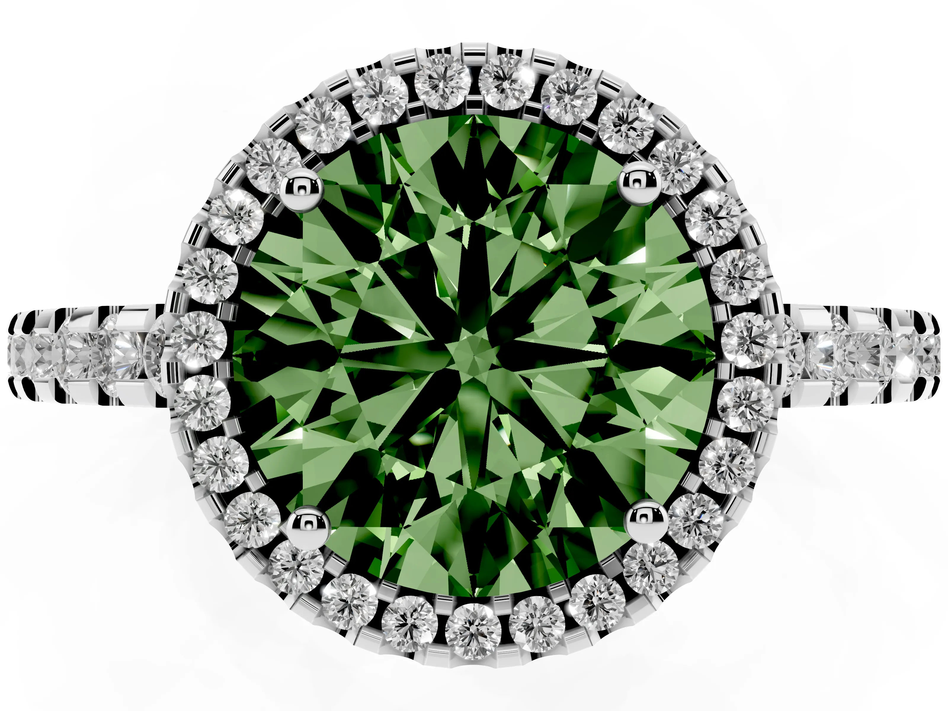Fancy Green Round Cut Diamond Halo Ring Set in Platinum with Pavé Shoulders and Halo-Framed Center