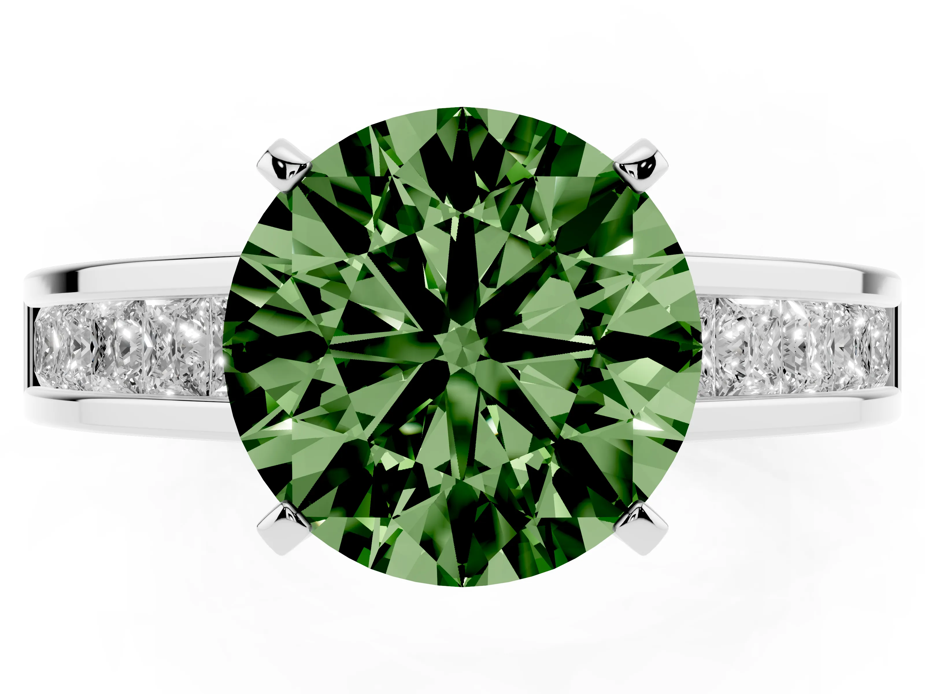 Fancy Green Round Cut Diamond Solitaire Ring Set in Platinum with Channel-Set Band and Prong Setting