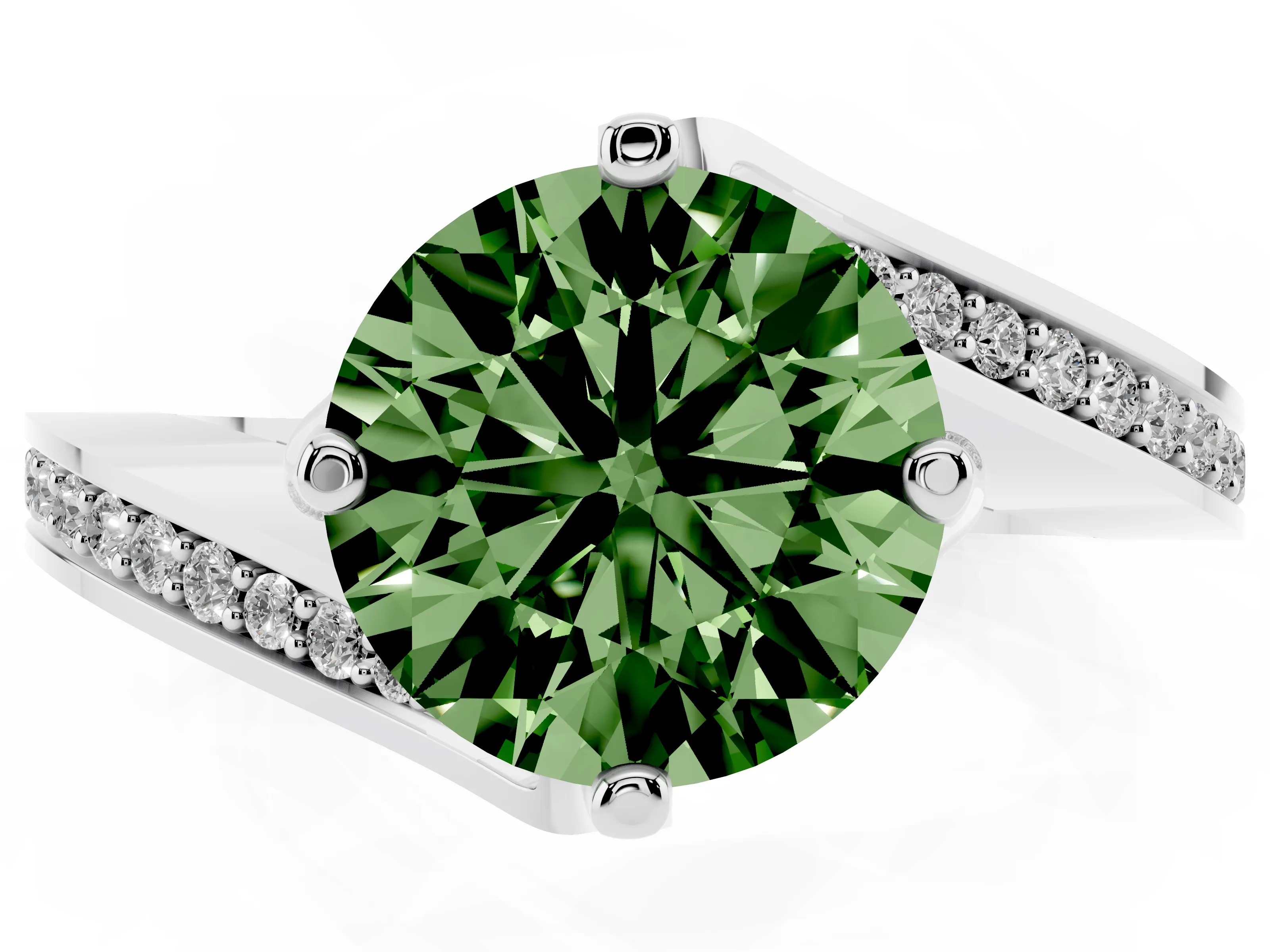 Fancy Green Round Cut Diamond Solitaire Ring Set in White gold with Intertwined Pavé Twist Band