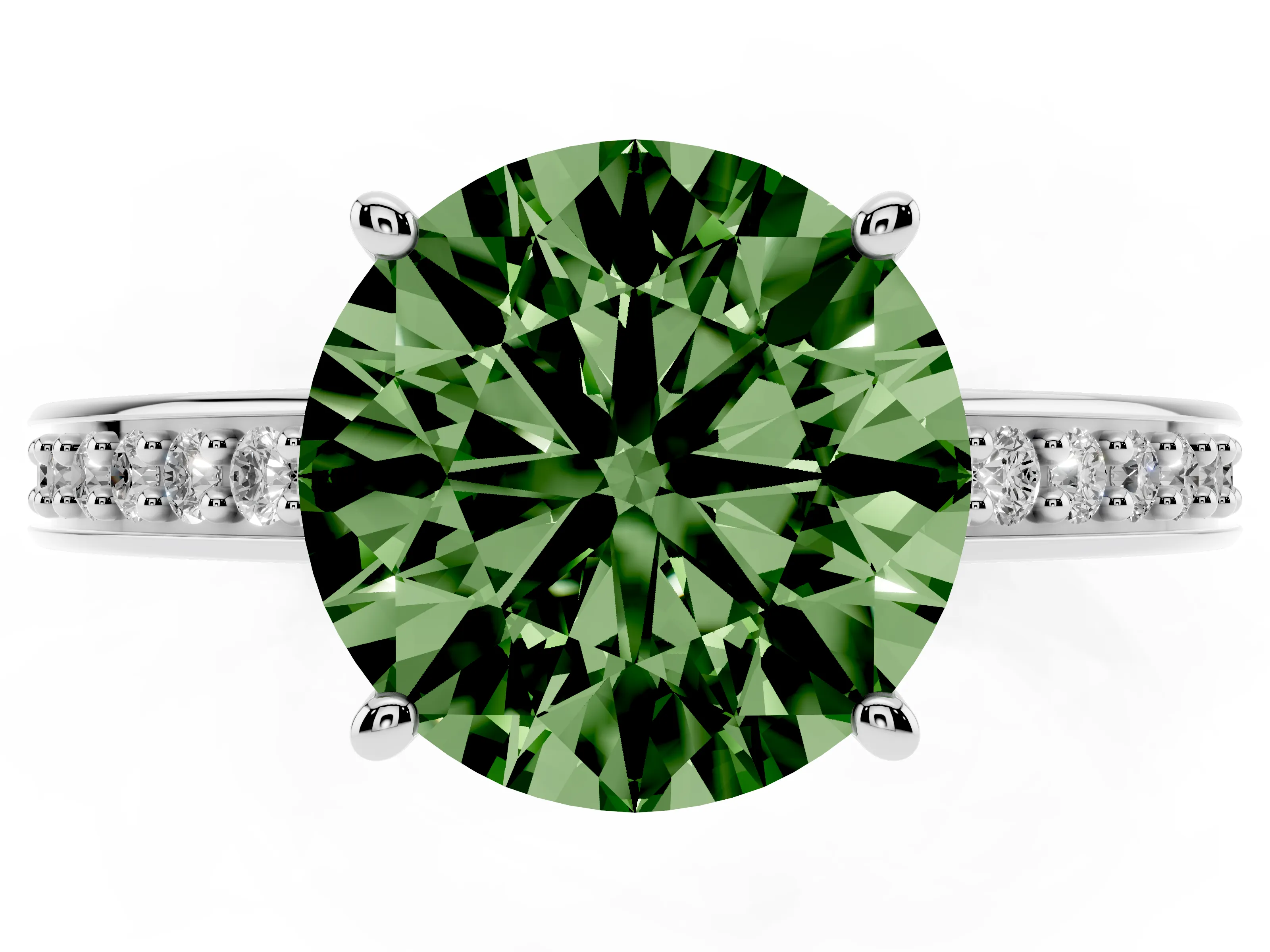 Fancy Green Round Cut Diamond Pavé Band Prong Set Solitaire Ring Set in Platinum