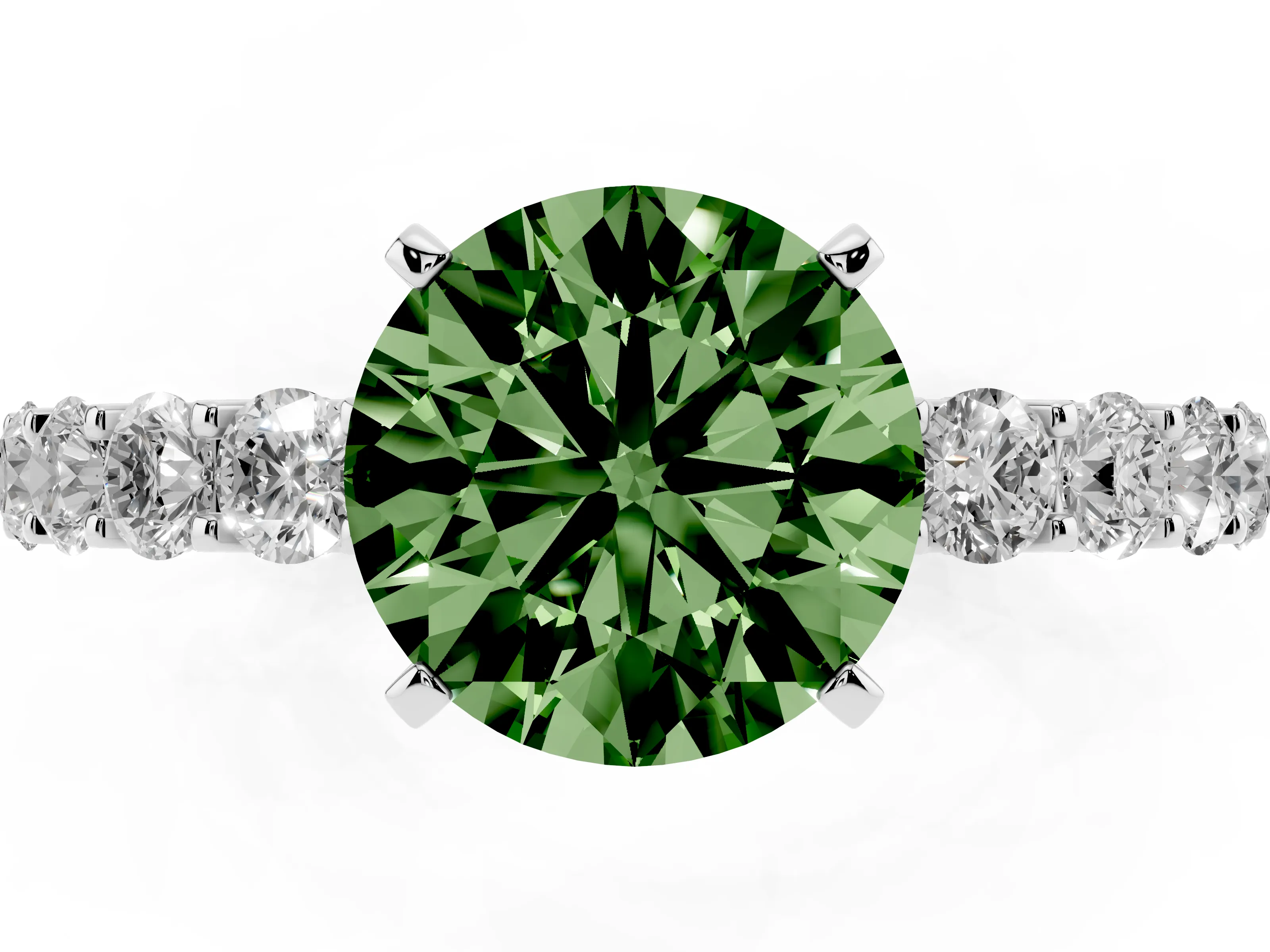 Fancy Green Round Cut Diamond Solitaire Ring Set in Silver with Shared Prong Pavé Band