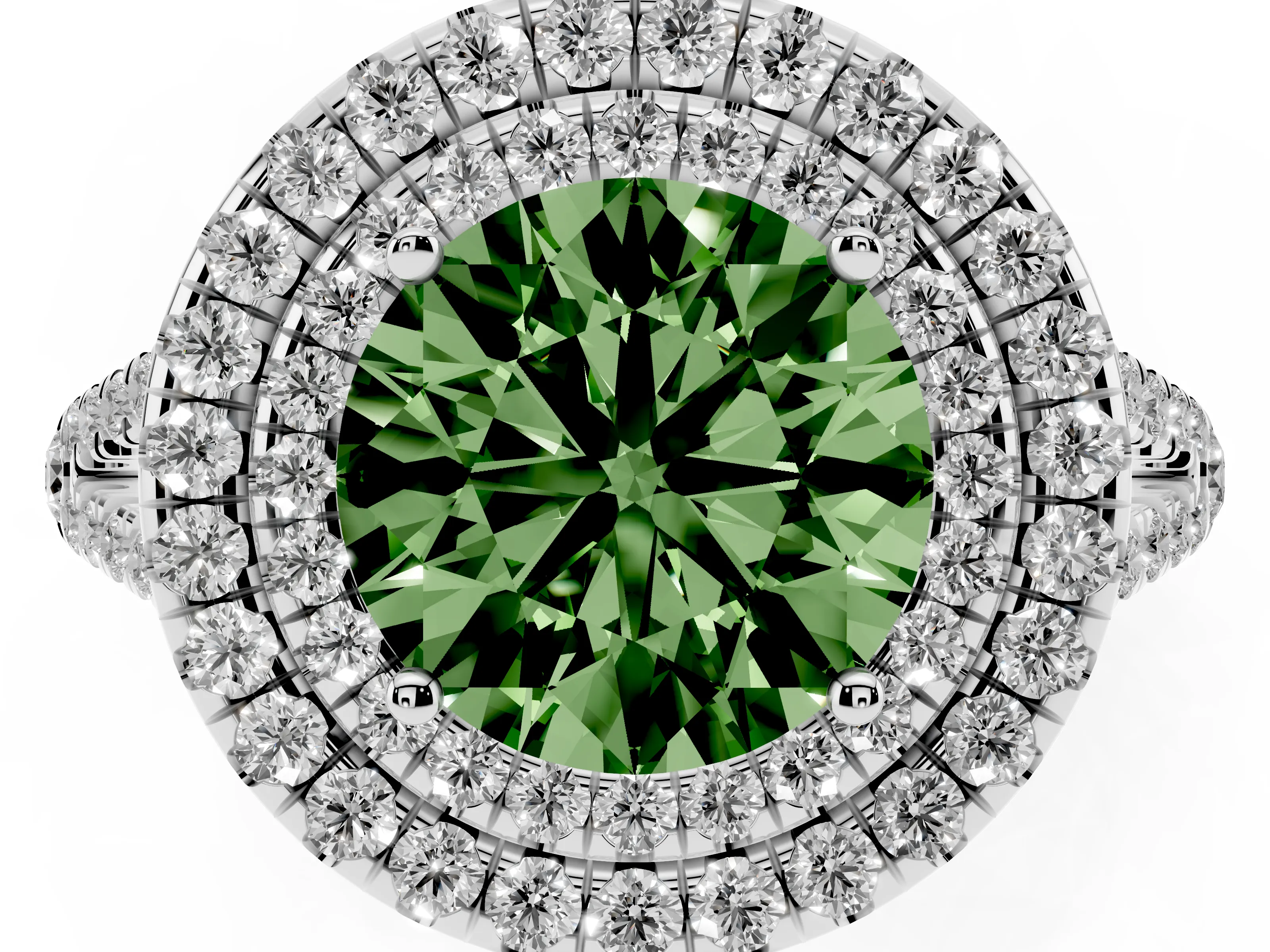 Fancy Green Round Cut Diamond Double Halo Ring Set in Platinum with Pavé Band