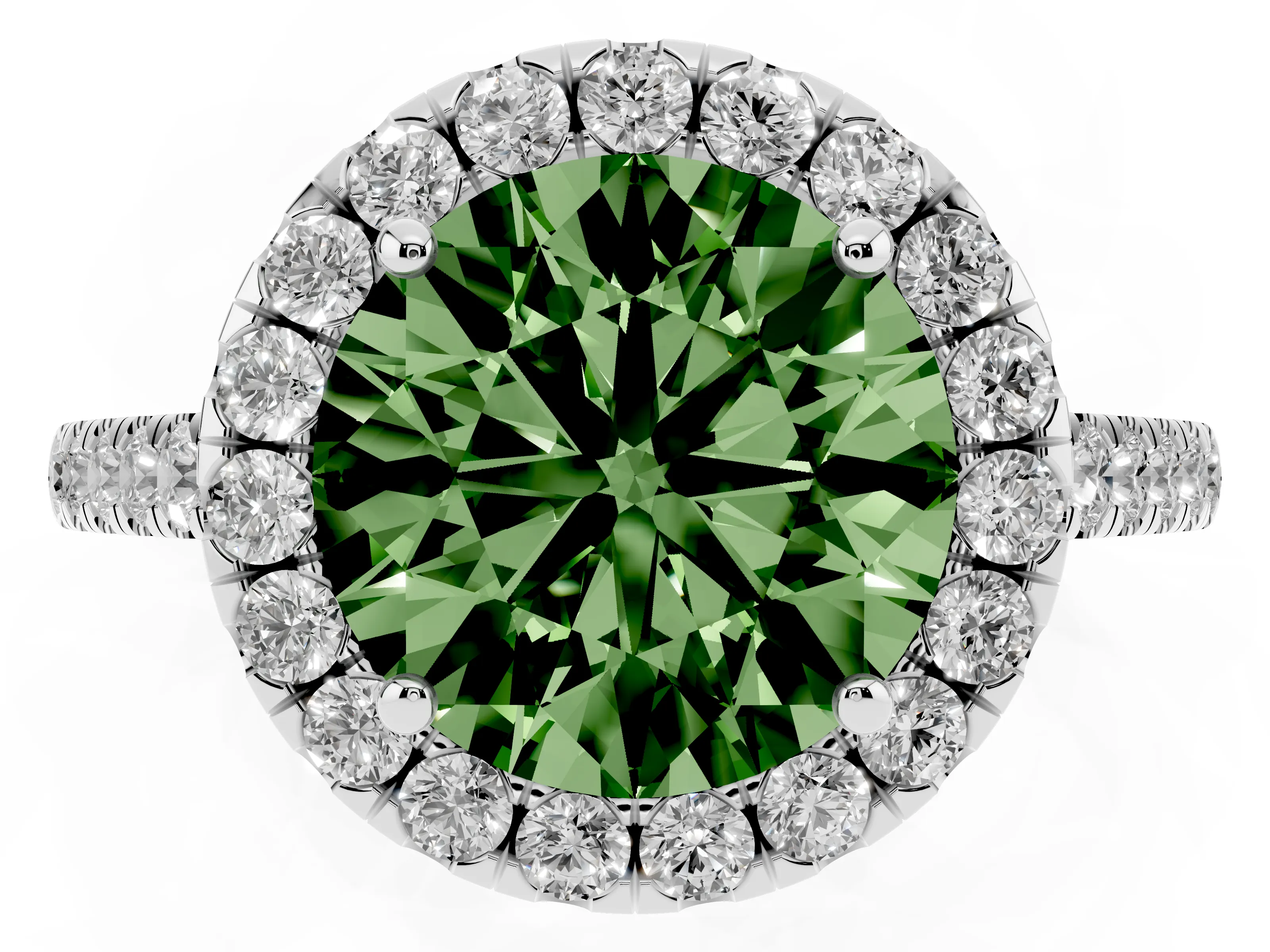Fancy Green Round Cut Diamond Halo Pavé Engagement Ring Set in White gold with Prong Setting