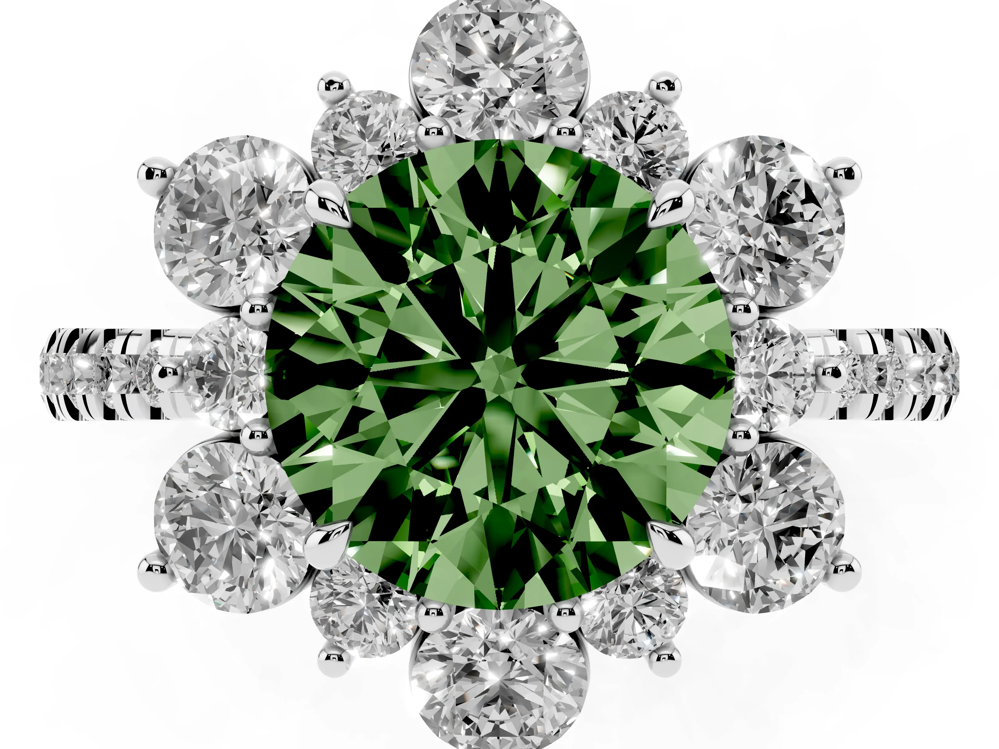 Fancy Green Round Cut Diamond Floral Halo Ring Set in Platinum with Round Pavé Band and Prong Setting