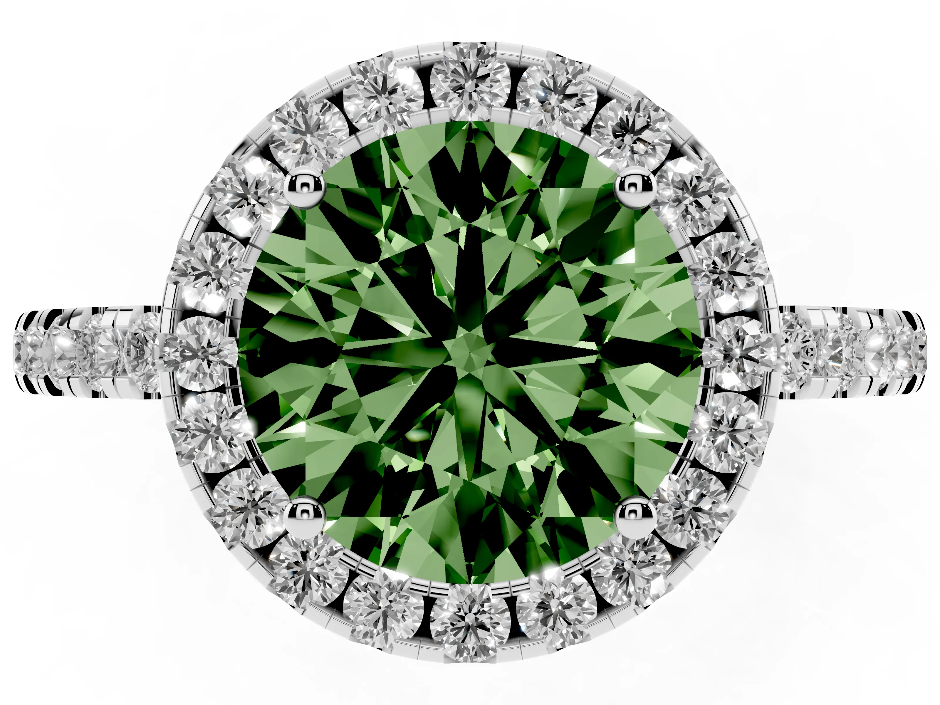 Fancy Green Round Cut Diamond Pavé Band Halo Engagement Ring Set in Platinum with Prong Setting