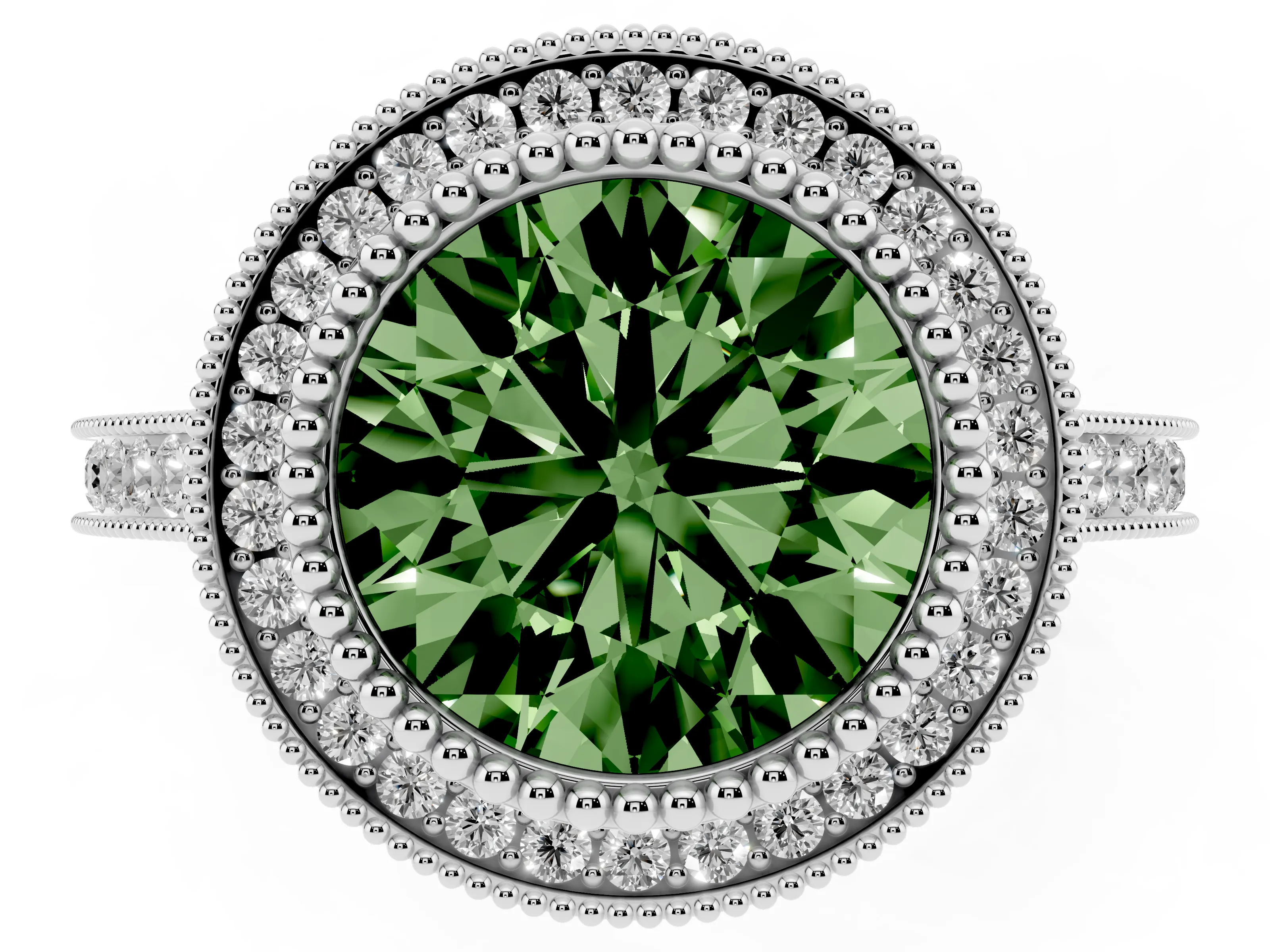 Fancy Green Round Cut Diamond Halo Ring Set in White gold with Milgrain Frame and Pavé Band