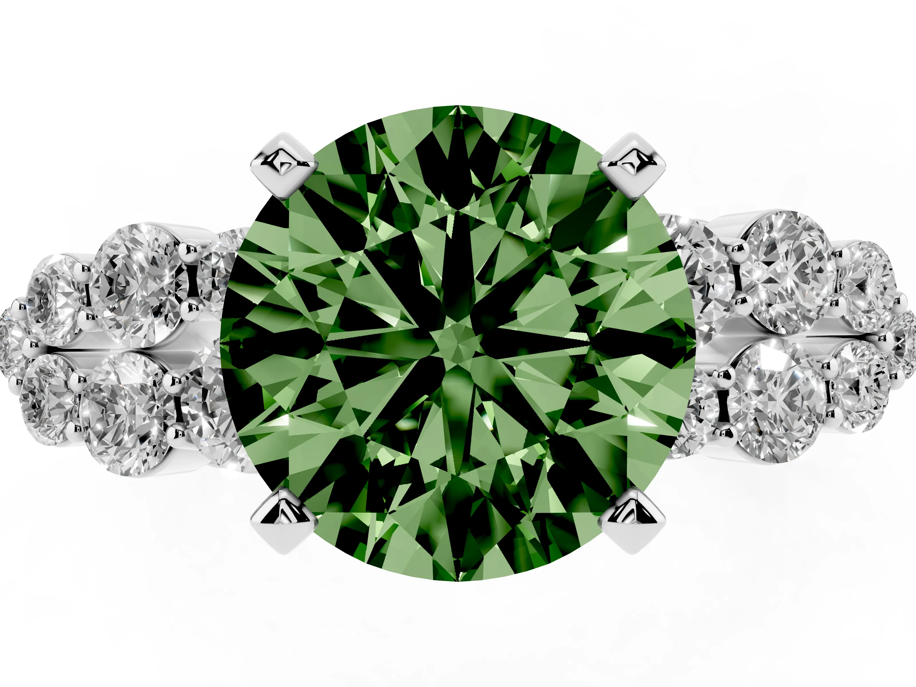 Fancy Green Round Cut Diamond Cluster Engagement Ring Set in White gold with Pavé Band and Prong Setting