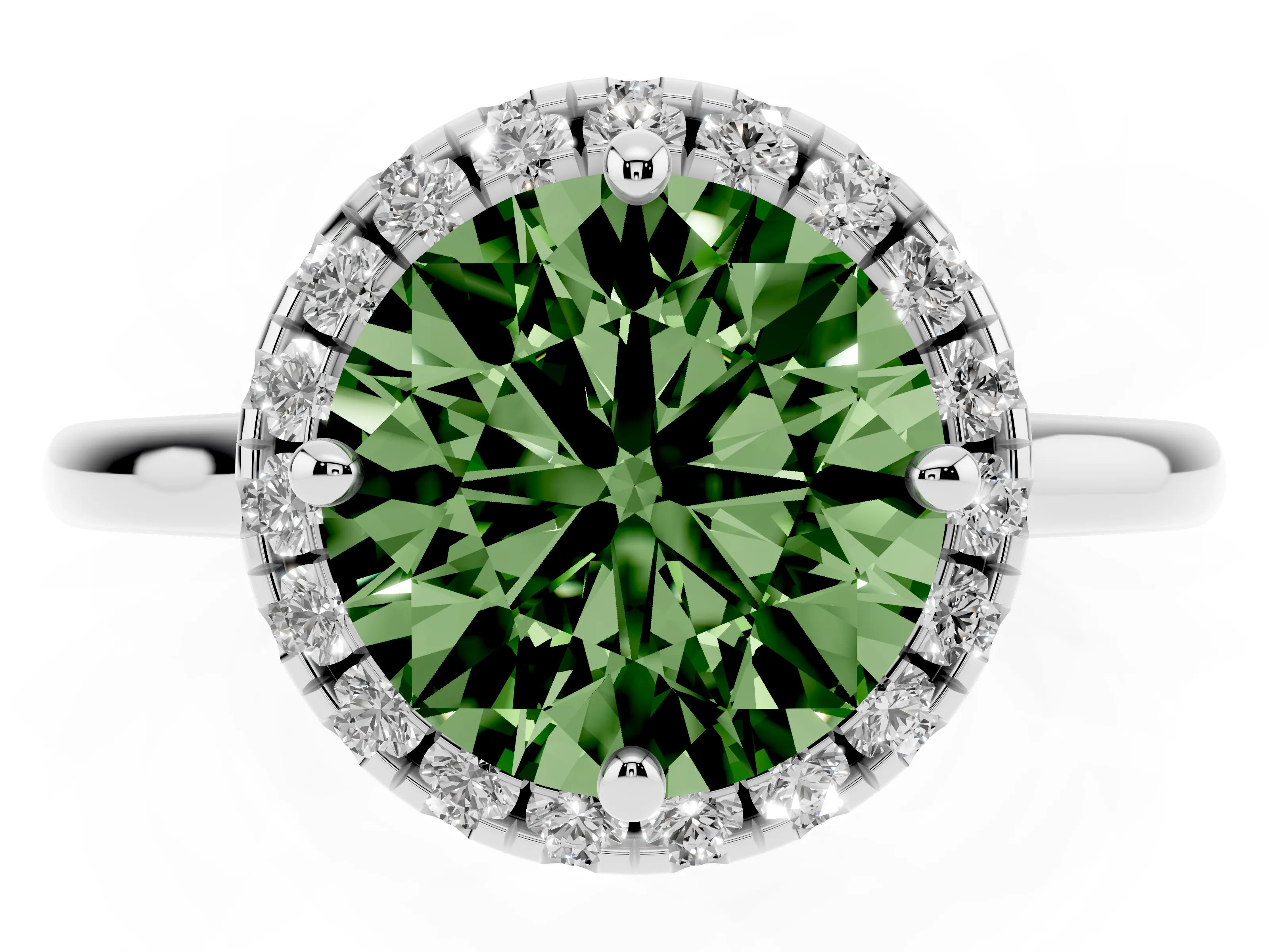 Fancy Green Round Cut Diamond Halo Engagement Ring Set in Platinum with Pavé Band and Rising Shoulders