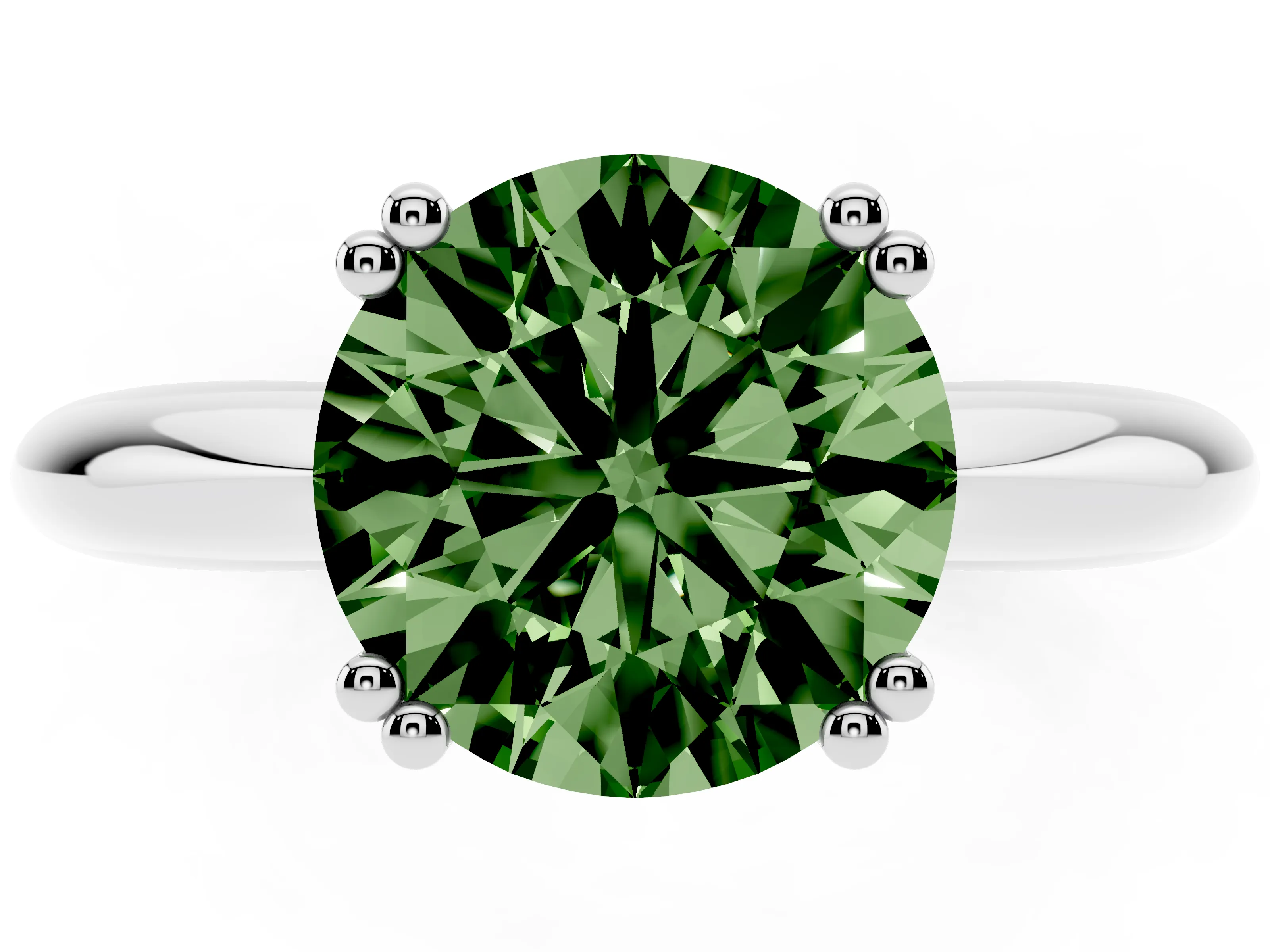 Fancy Green Round Cut Diamond Solitaire Engagement Ring Set in Silver with Tapered Band and Prong Setting