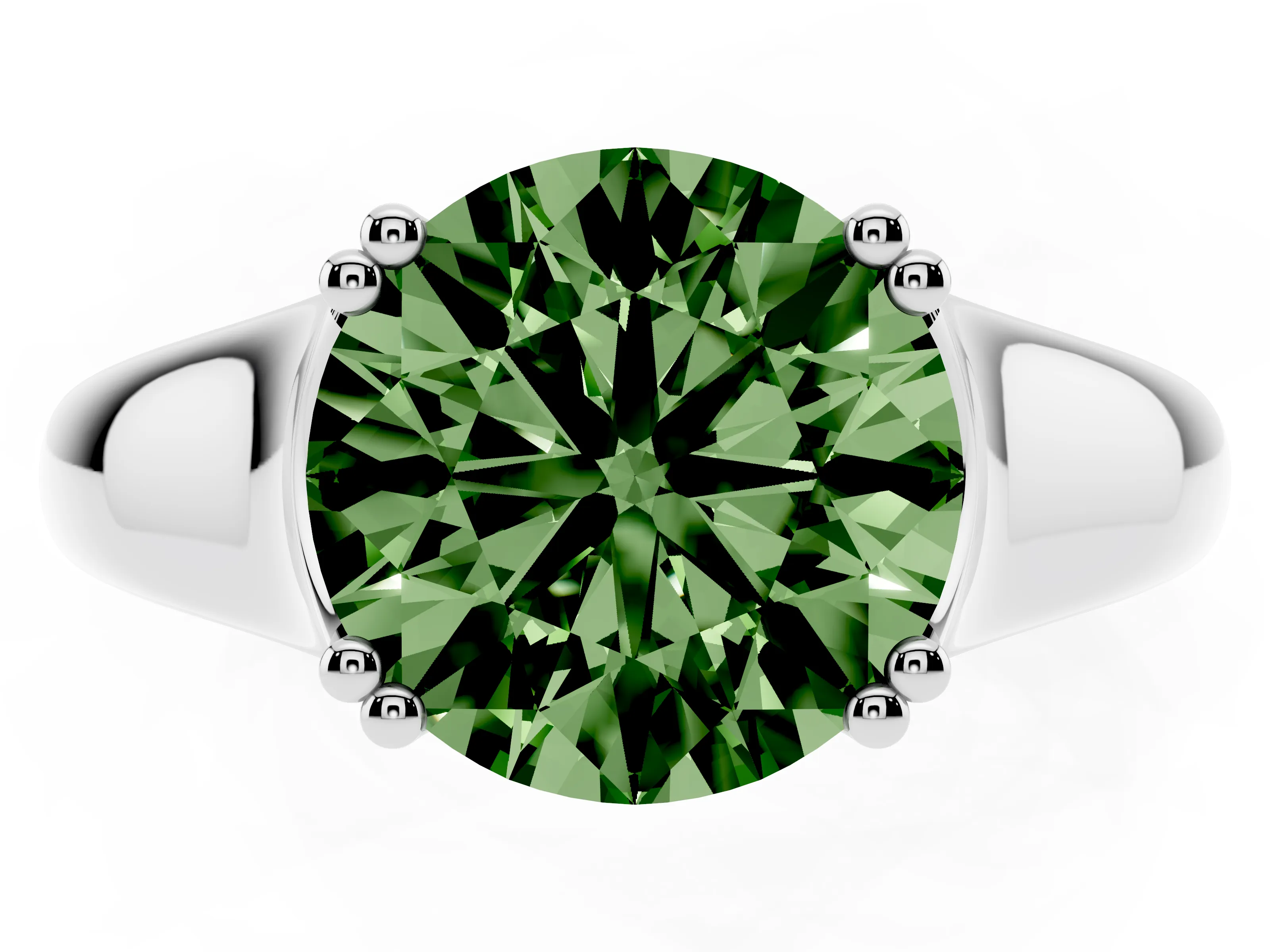 Fancy Green Round Cut Diamond Solitaire Ring Set in Silver with Wide Band and Prong Setting