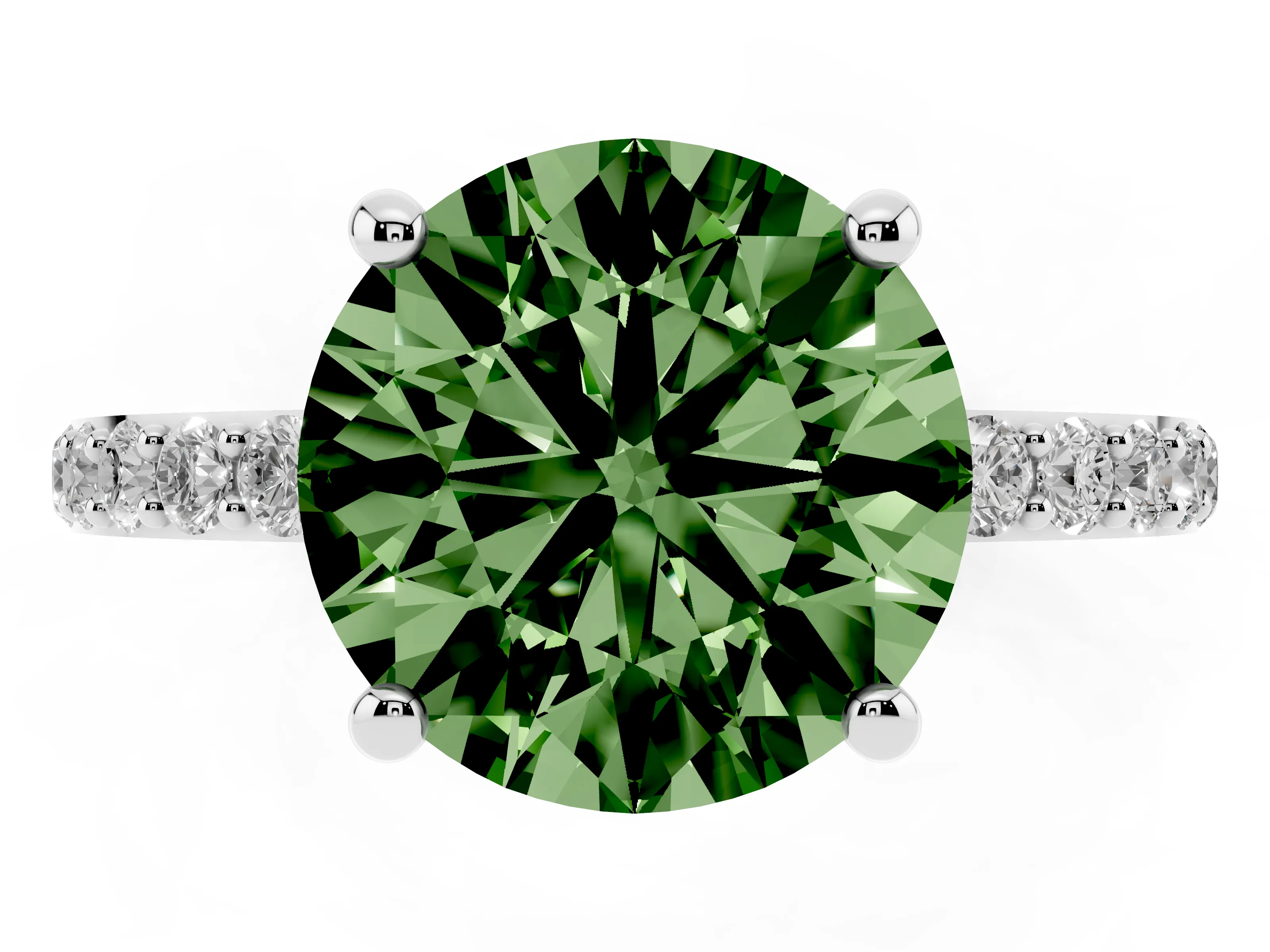 Fancy Green Round Cut Diamond Solitaire Ring Set in Platinum with Round Pavé Band and Prong Setting