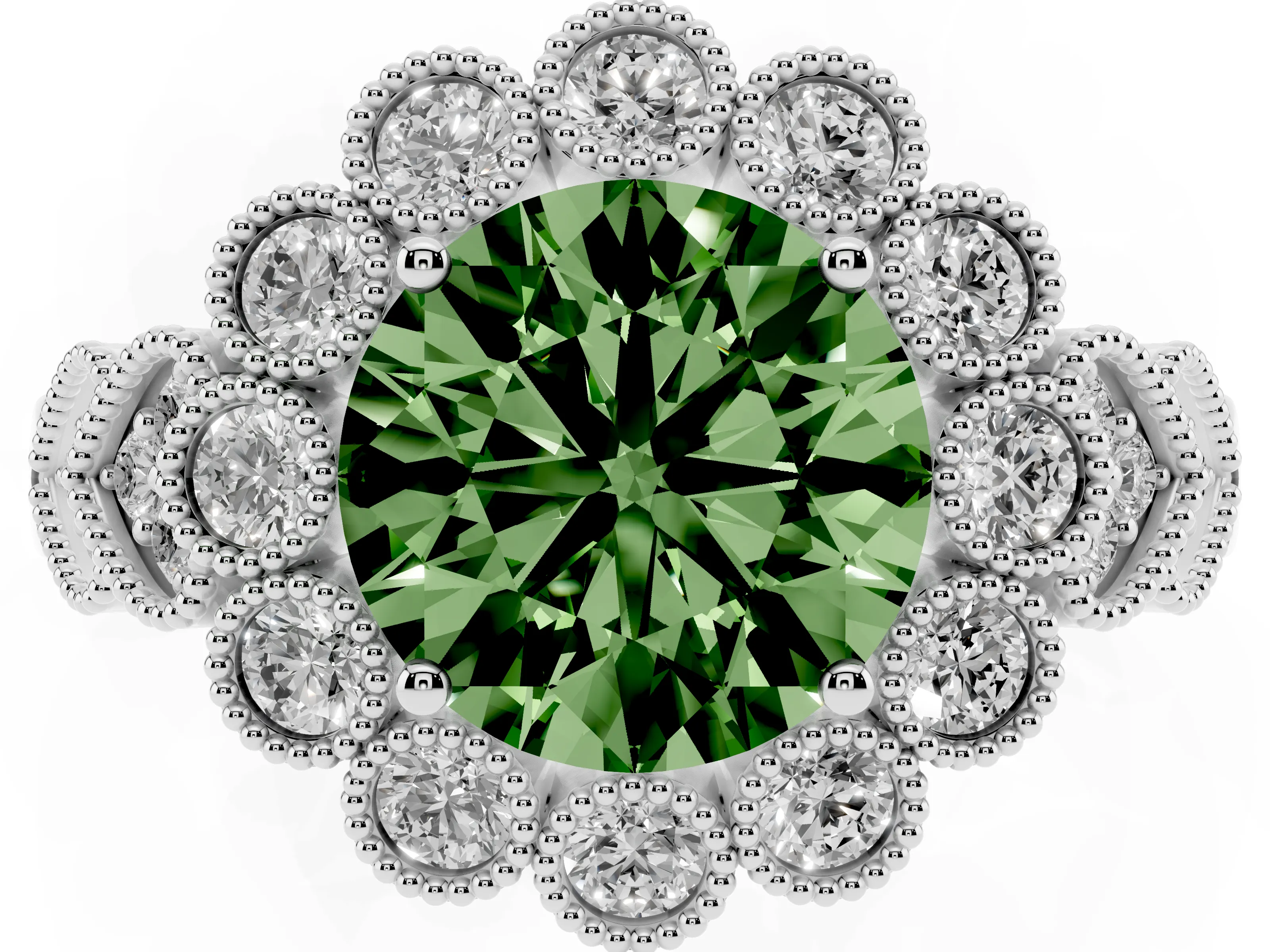 Fancy Green Round Cut Diamond Solitaire Ring Set in White gold with Milgrain Pavé Heart Band