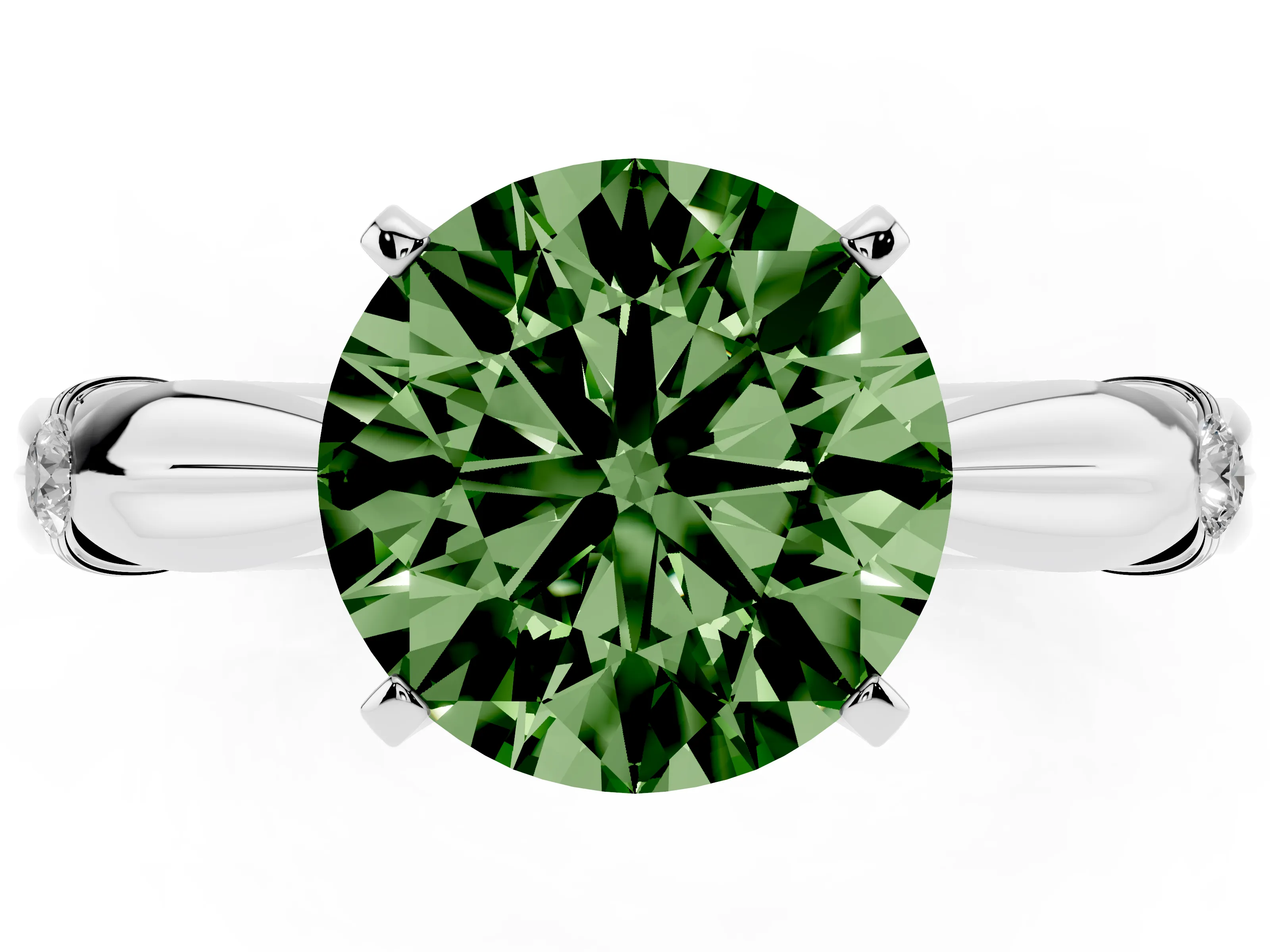 Fancy Green Round Cut Diamond Solitaire Twisted Band Ring Set in Platinum with Accent Stones and Prong Setting
