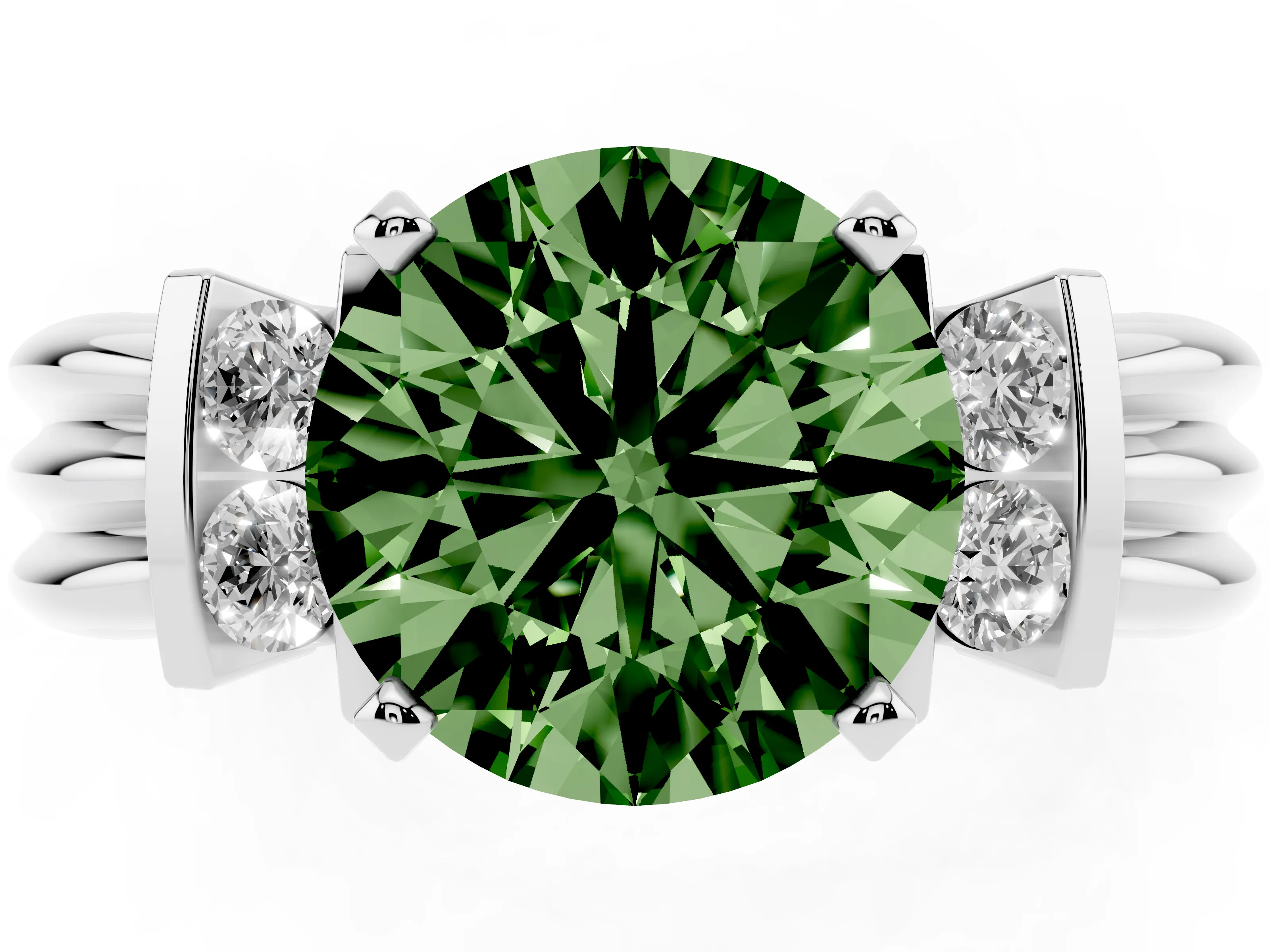 Fancy Green Three-Stone Round Cut Diamond Channel Set Ring Set in Platinum with Bar Prongs