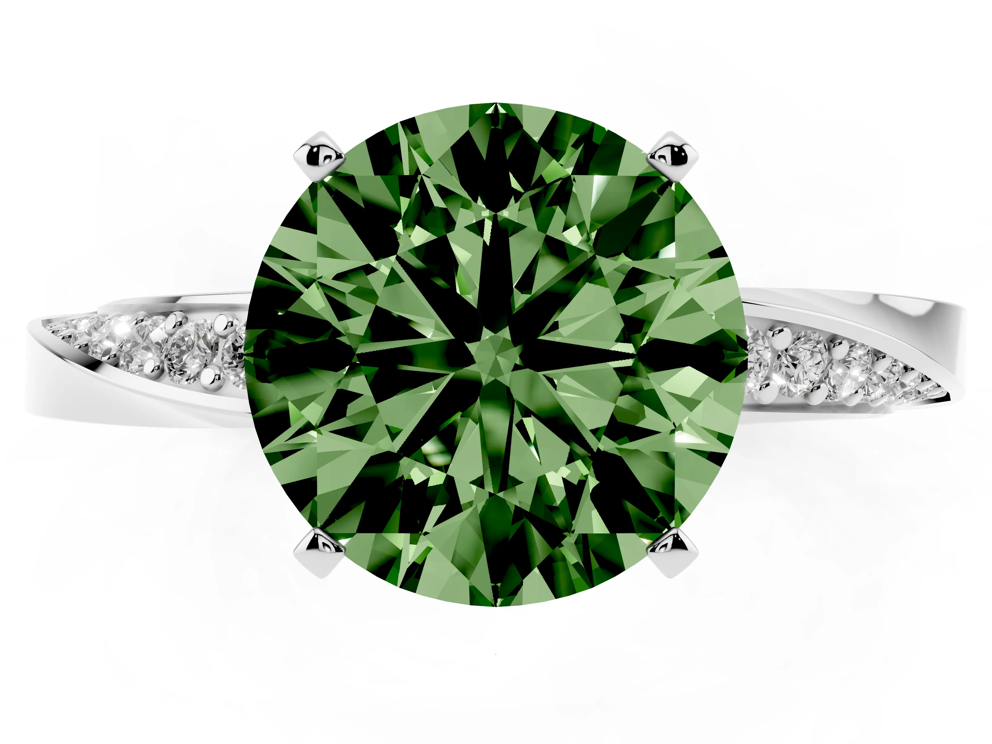 Fancy Green Round Cut Diamond Engagement Ring Set in White gold with Side Stone Accents and Prong Setting