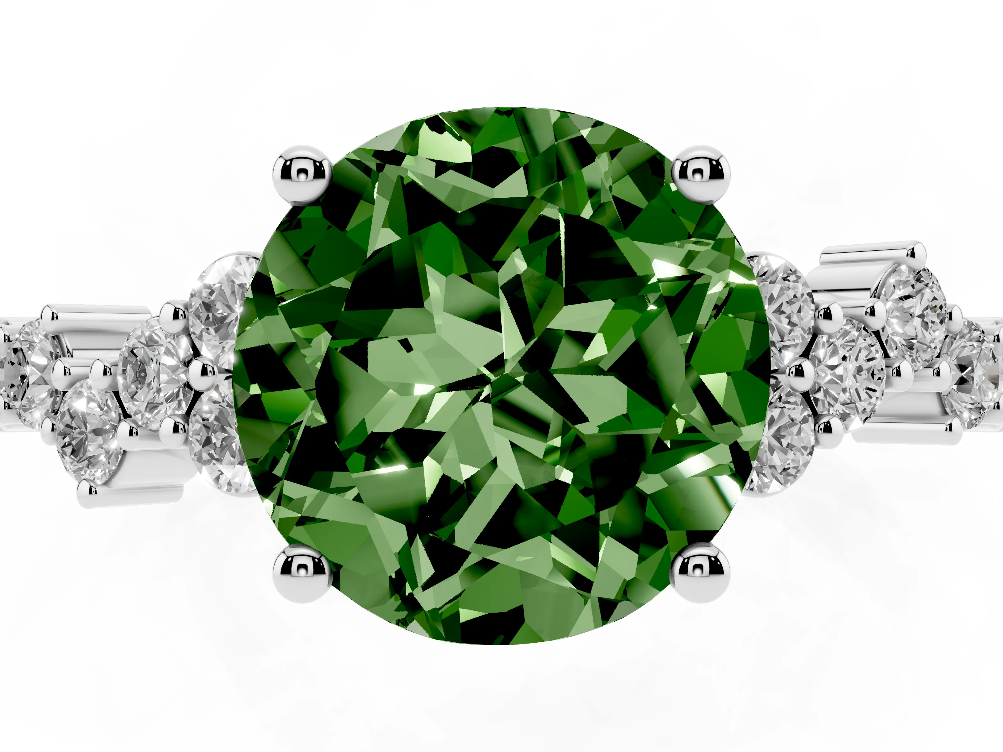 Fancy Green Round Cut Diamond Ring Set in White gold with Scattered Round Accents
