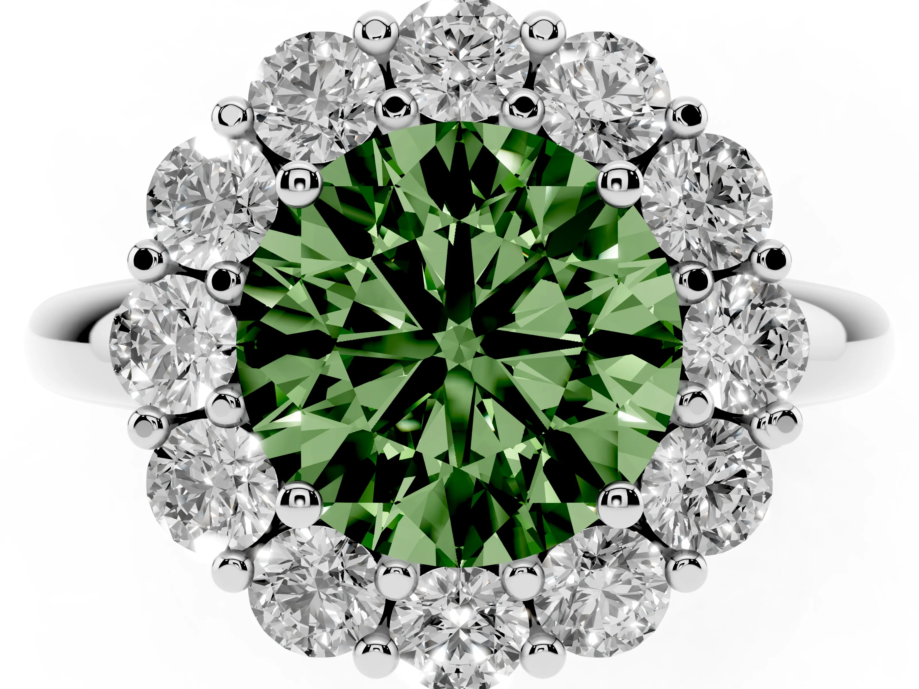 Fancy Green Round Cut Diamond Halo Cluster Engagement Ring Set in White gold with Polished Band and Prong Setting