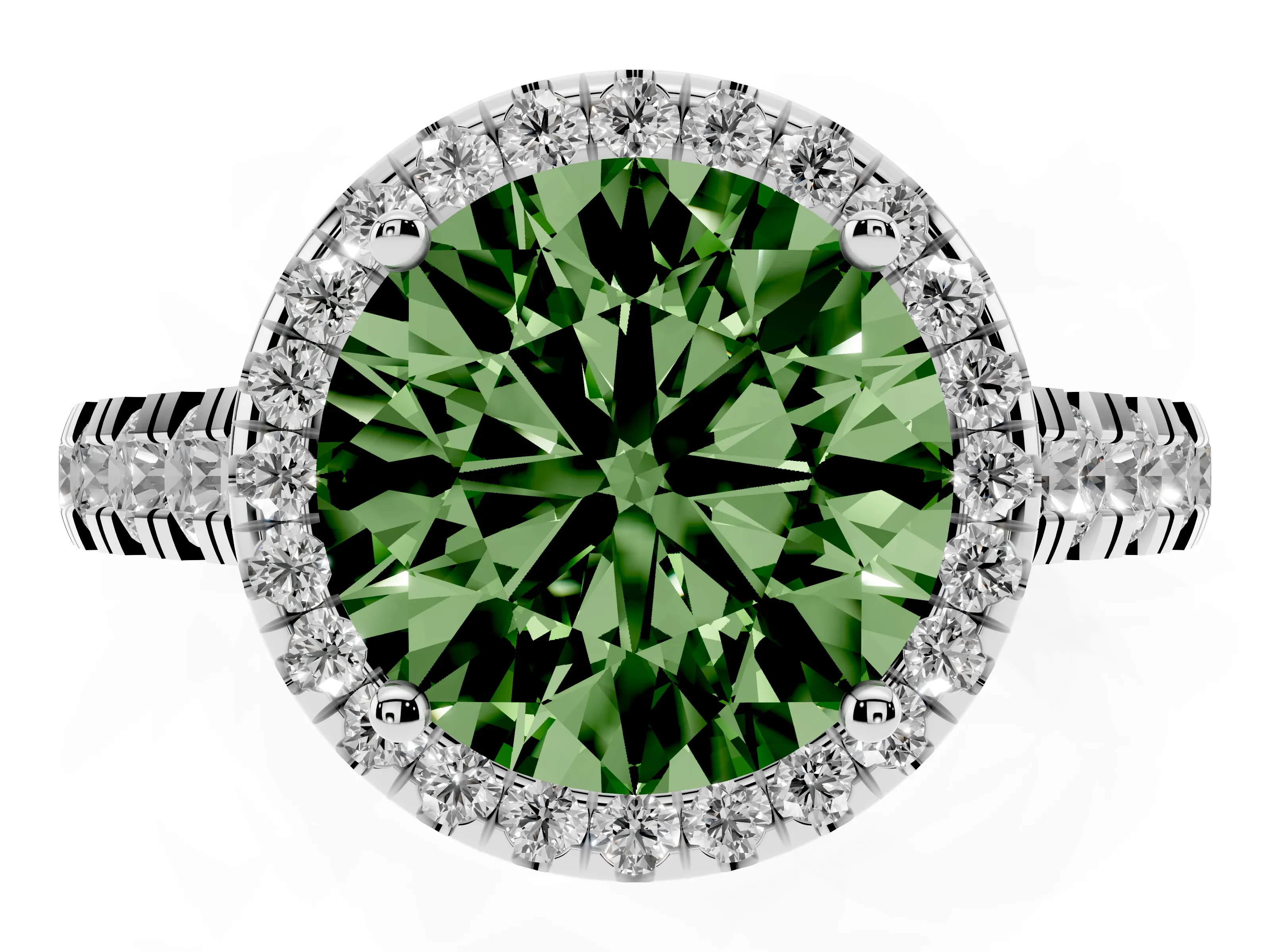 Fancy Green Round Cut Diamond Halo Engagement Ring Set in Platinum with Pavé Band and Prong-Set Center
