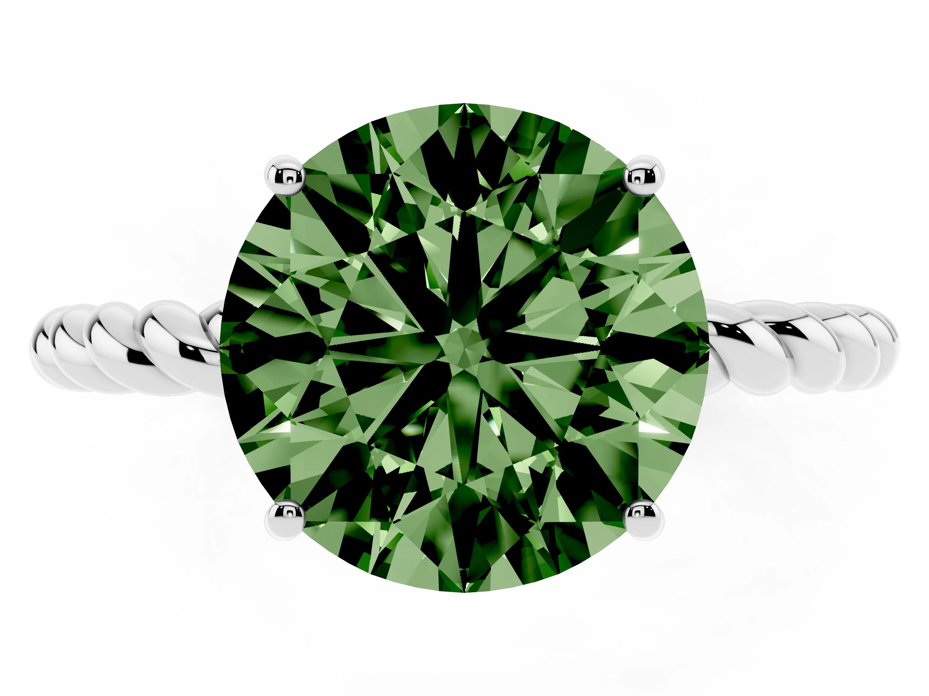 Fancy Green Round Cut Diamond Solitaire Ring Set in White gold with Twist Band and Prong Setting