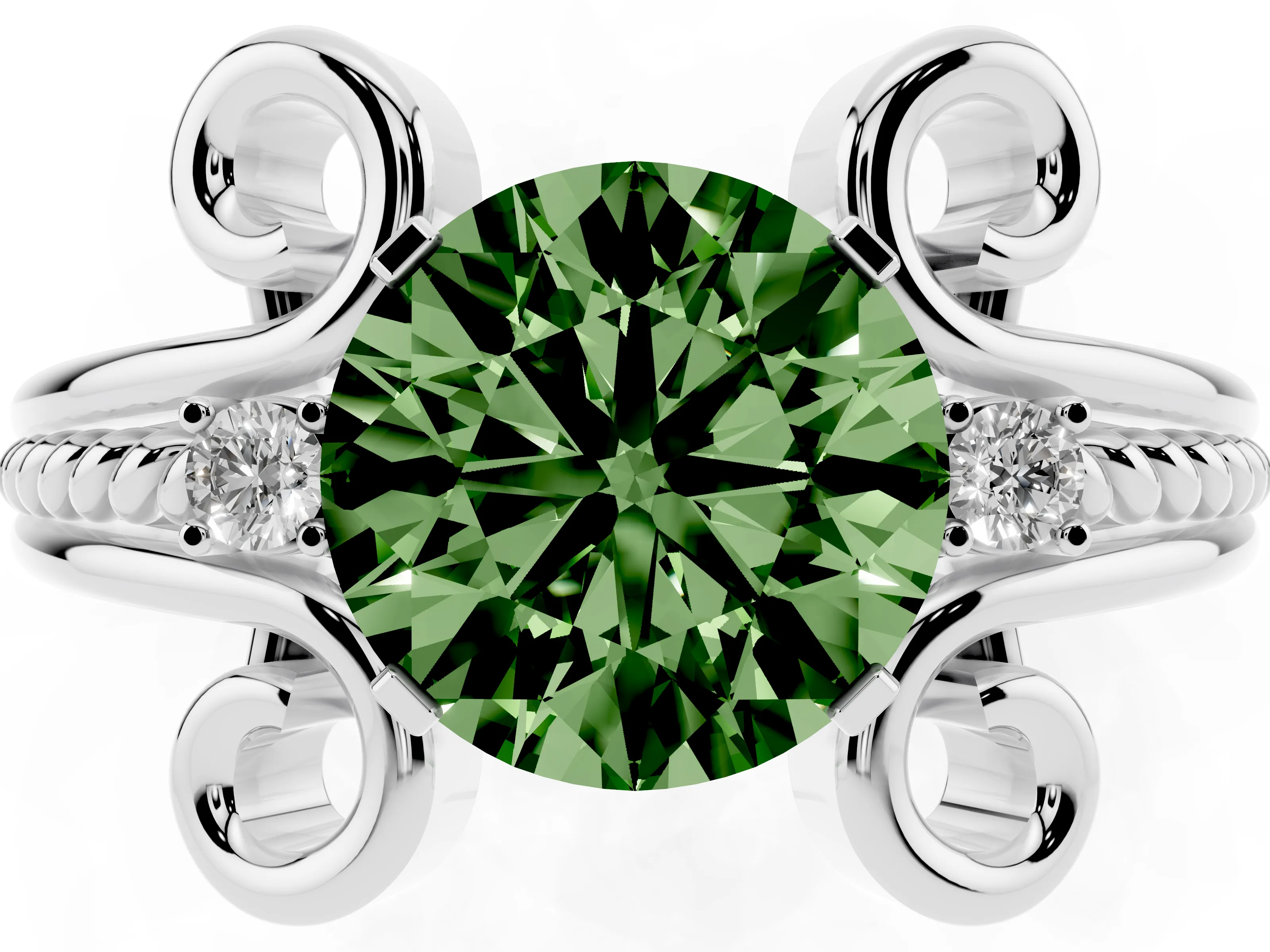 Fancy Green Round Cut Diamond Twisted Band Solitaire Ring Set in Platinum with Scroll Prongs