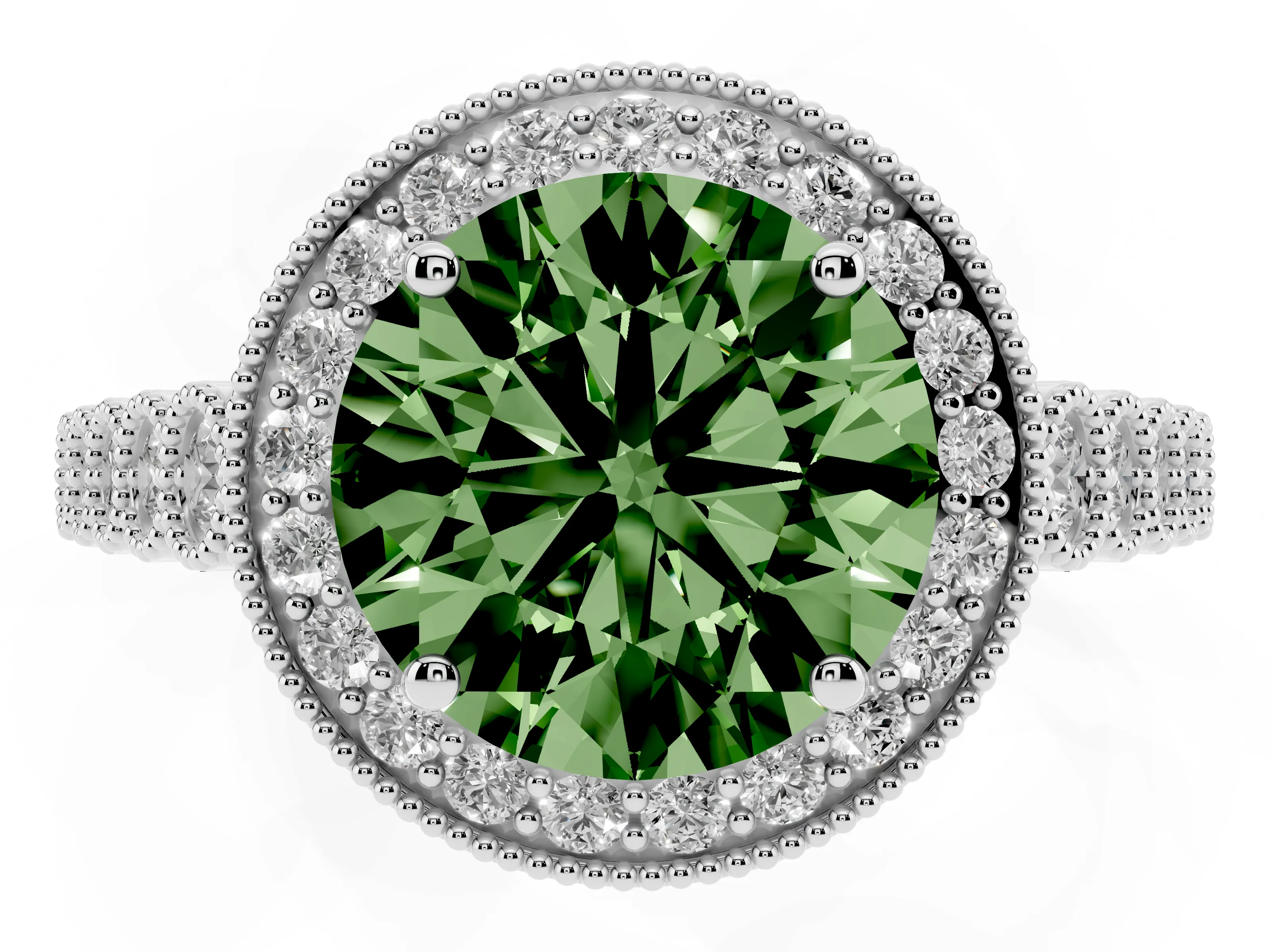 Fancy Green Round Cut Diamond Milgrain Halo Solitaire Ring Set in White gold with Bezel Set Side Stones and Pavé Band