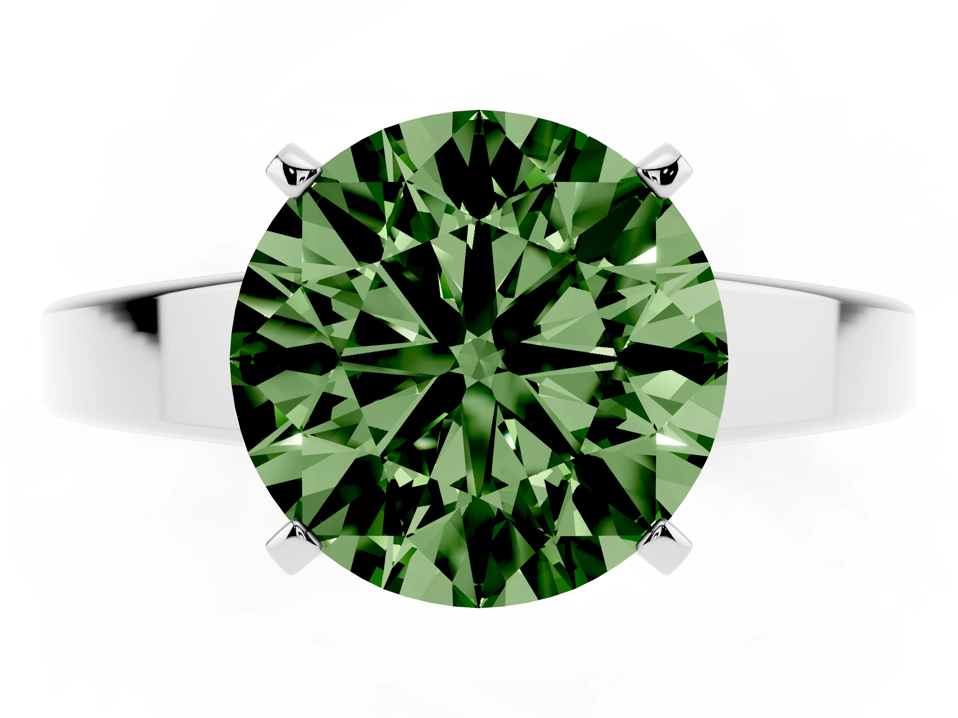 Fancy Green Round Cut Diamond Solitaire Engagement Ring Set in White gold with Prong Setting and Tapered Band