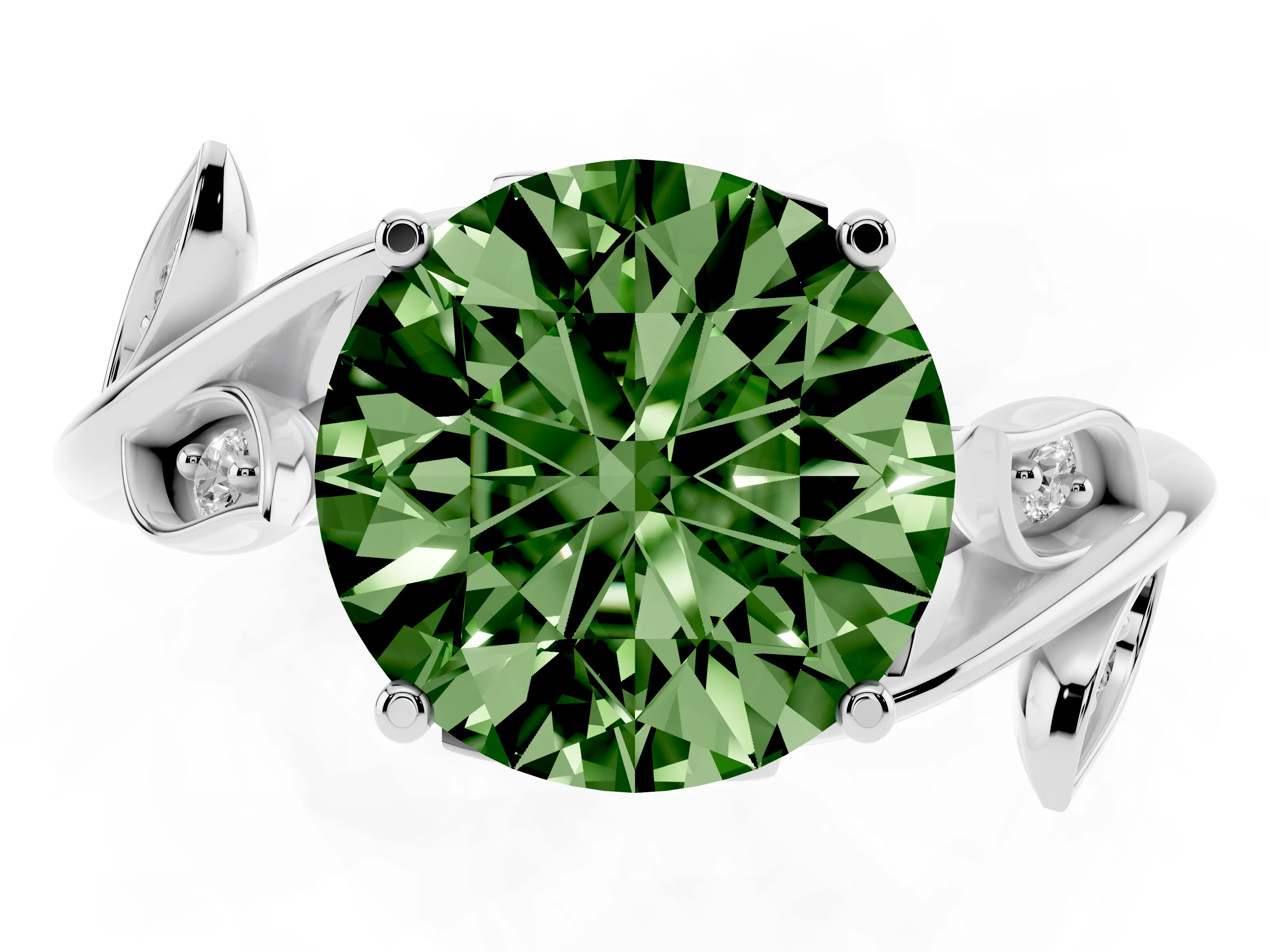 Fancy Green Round Cut Diamond Solitaire Twist Engagement Ring Set in Silver with Pavé Leaf Accents