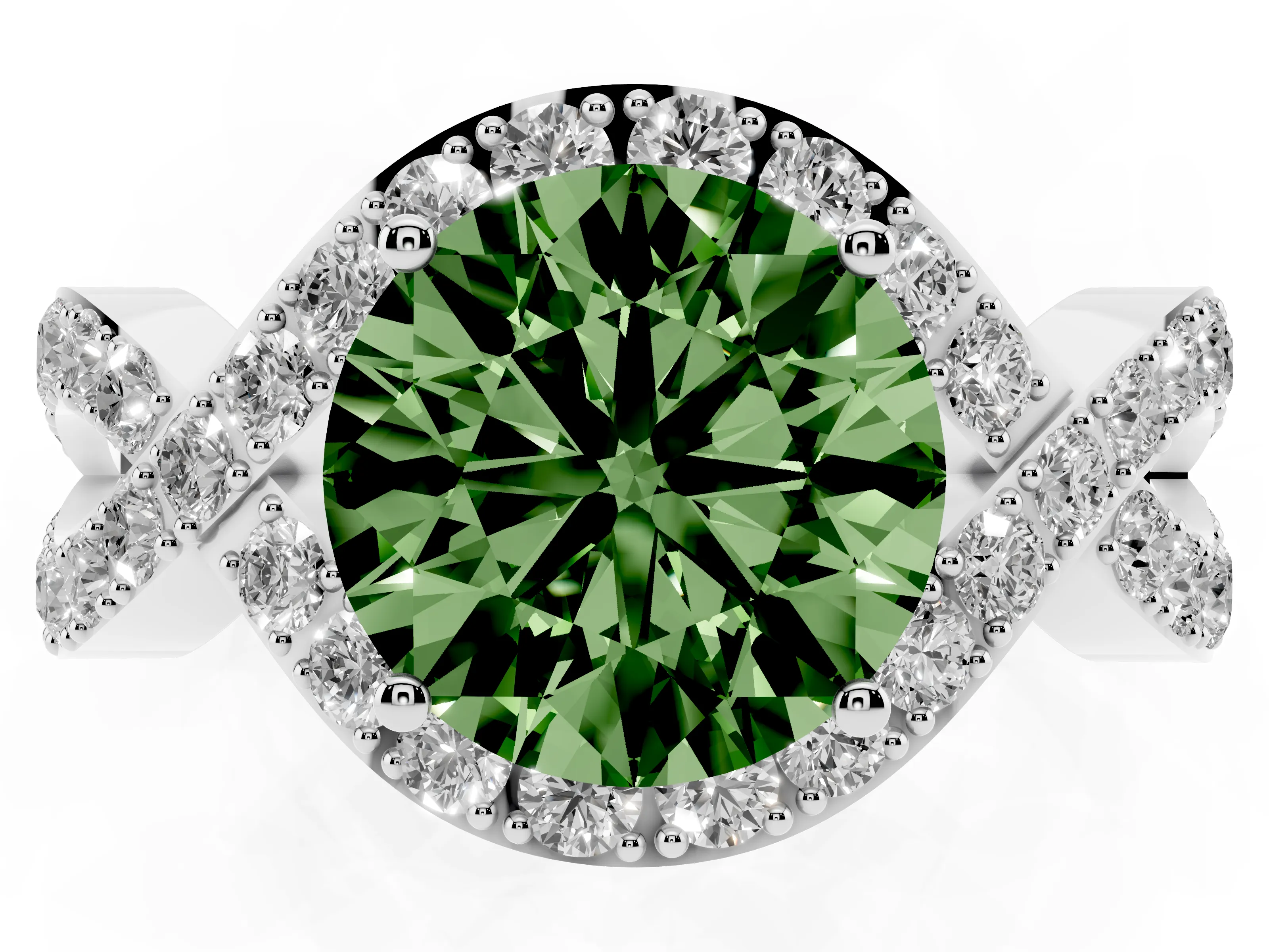 Fancy Green Round Cut Diamond Solitaire Twist Band Pavé Engagement Ring Set in White gold