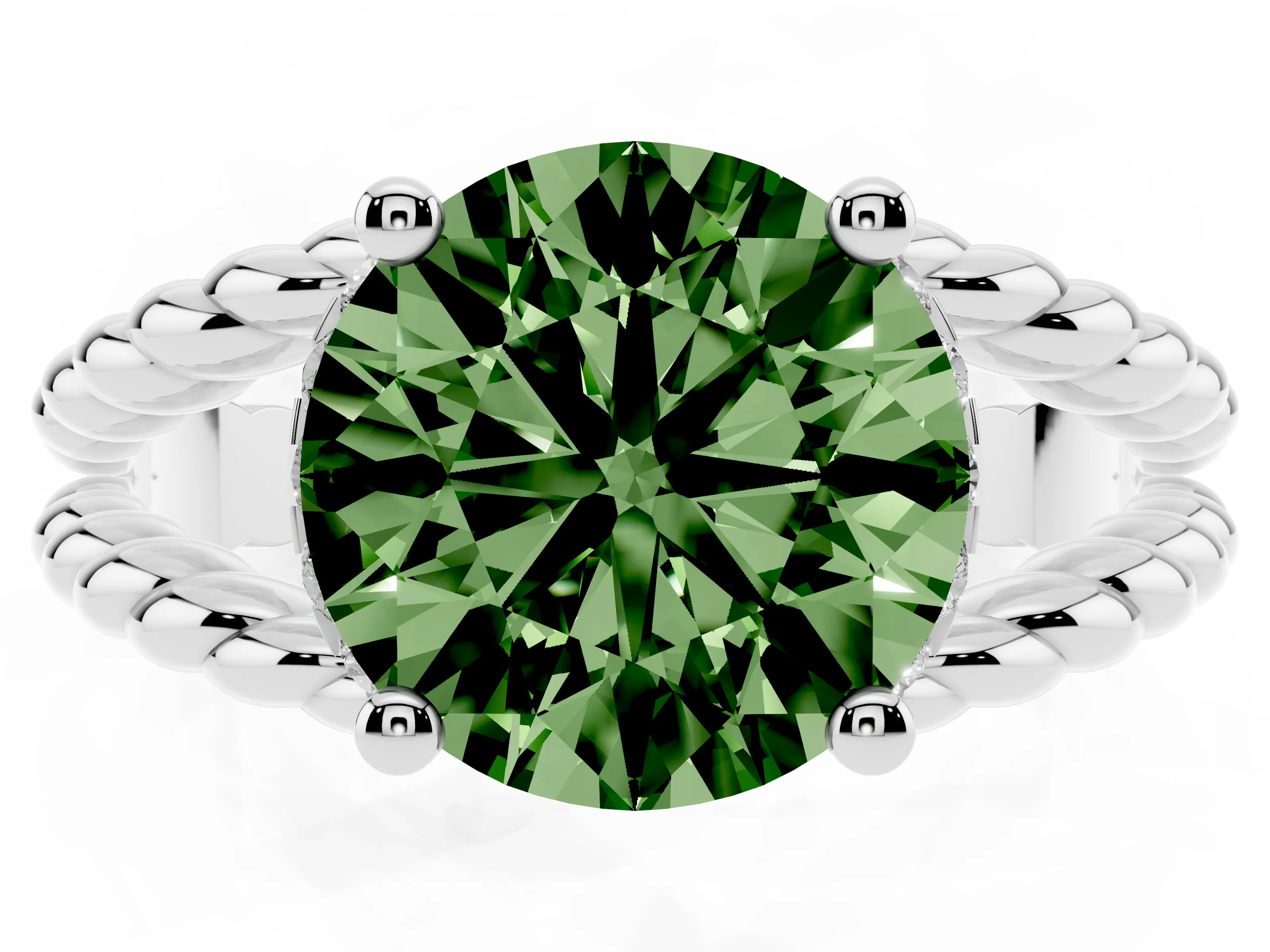 Fancy Green Round Cut Diamond Halo Ring Set in White gold with Twisted Band and Prong Setting