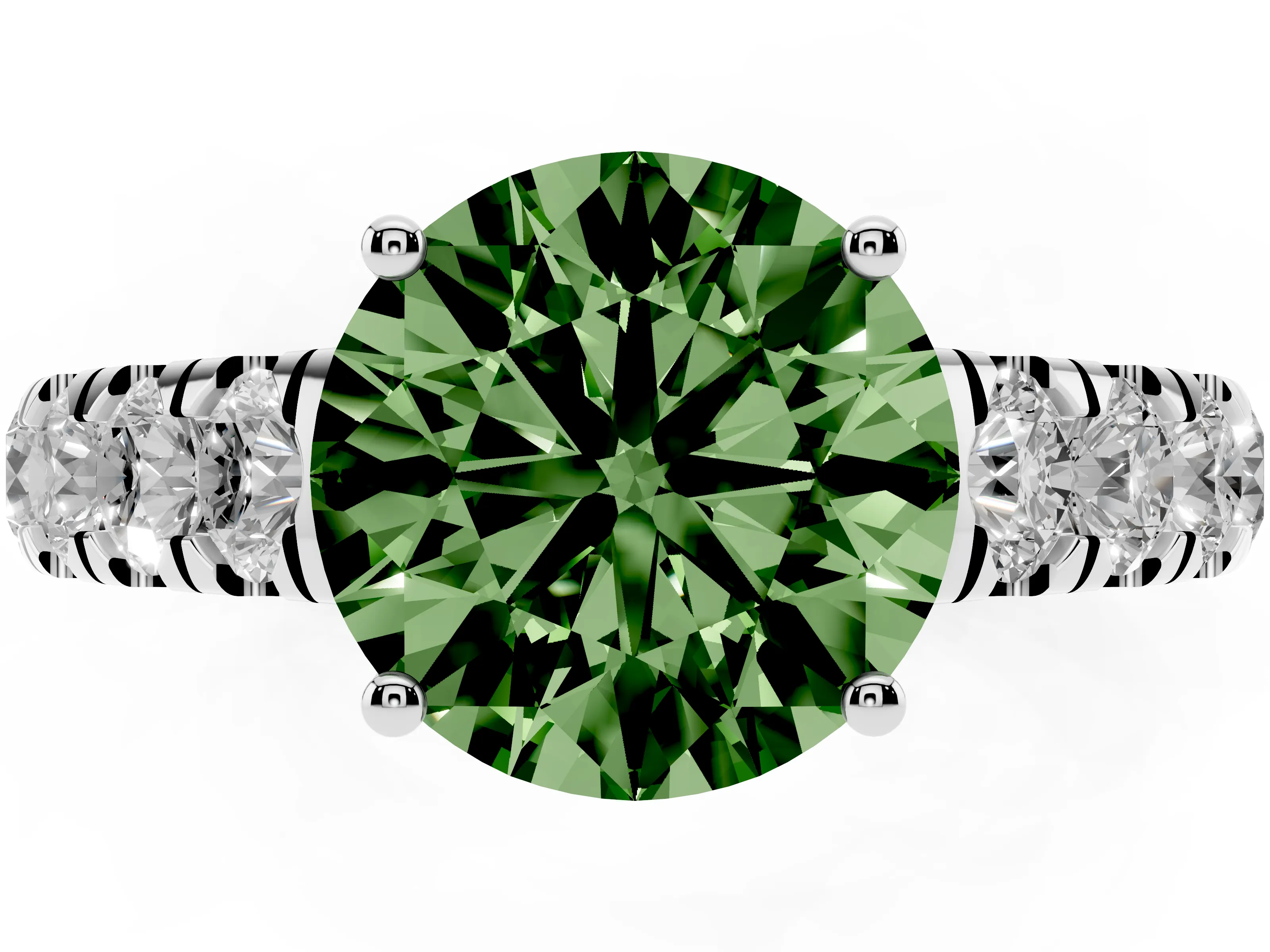 Fancy Green Round Cut Diamond Solitaire Ring Set in Platinum with Cut-Down Micro Pavé Band and Prong Setting