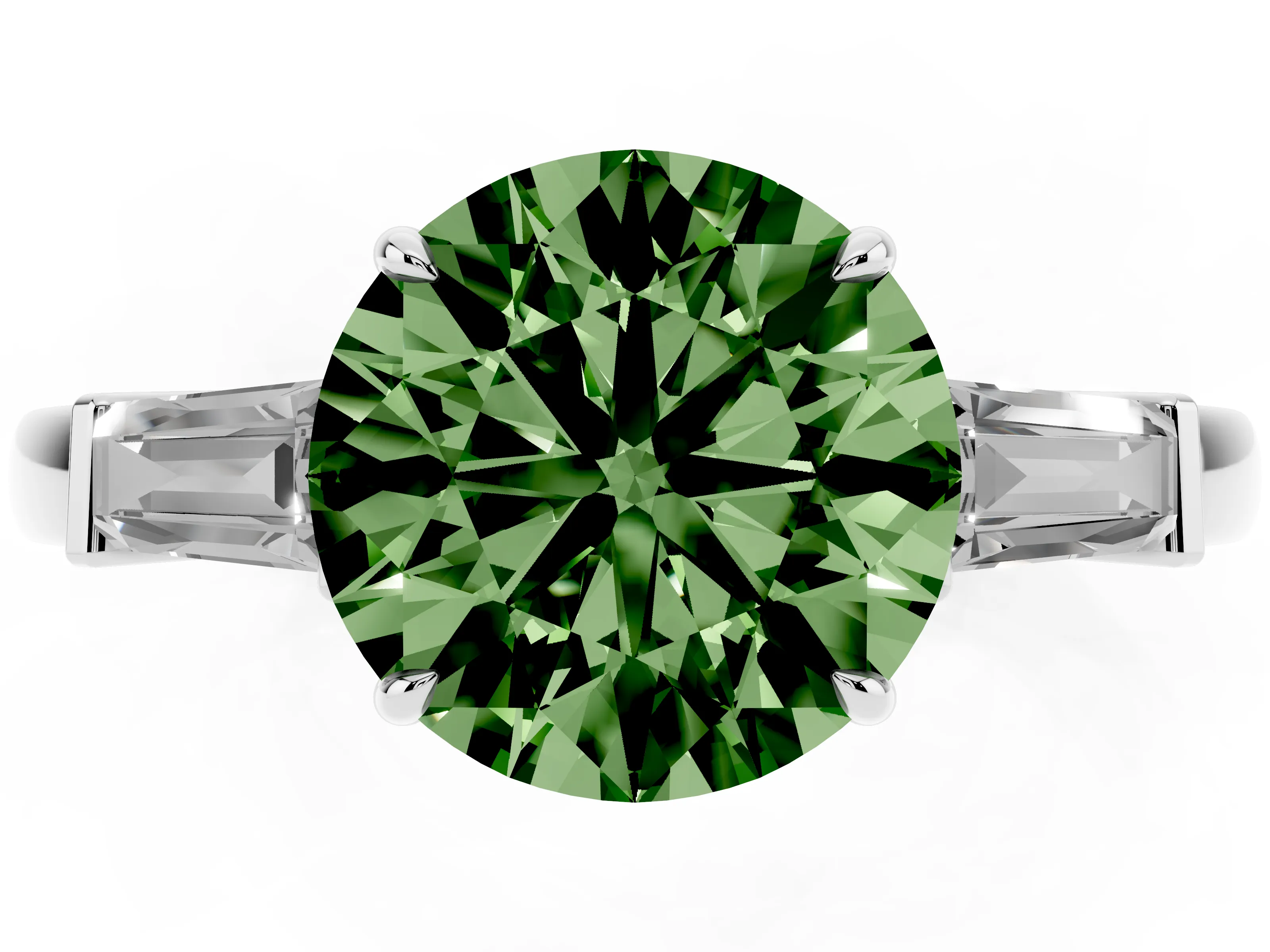 Fancy Green Round Cut Diamond Three-Stone Ring Set in White gold with Tapered Baguette Side Stones and Prong Setting