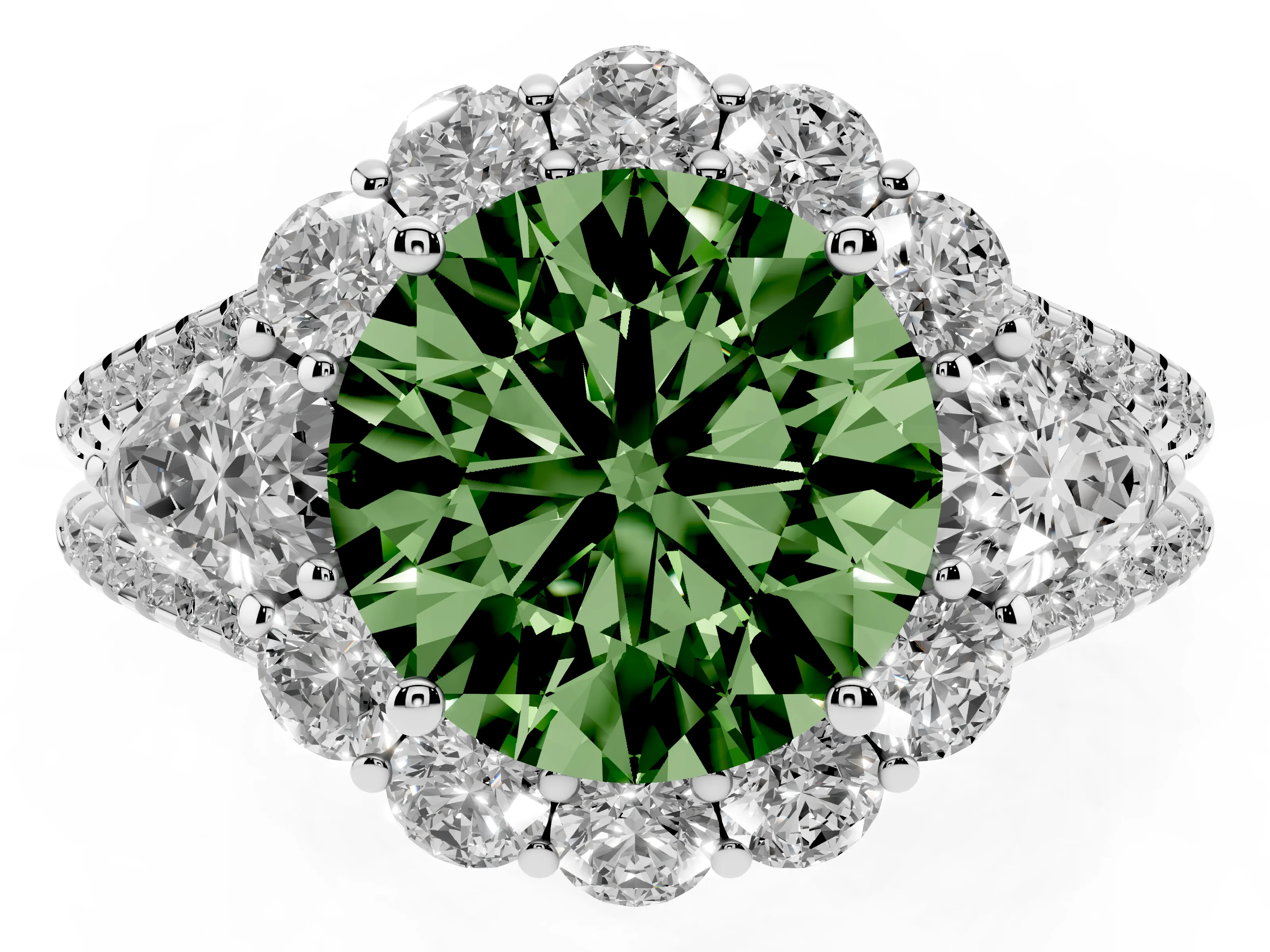 Fancy Green Round Cut Diamond Halo Split Shank Engagement Ring Set in Platinum with Prong-Held Center Stone