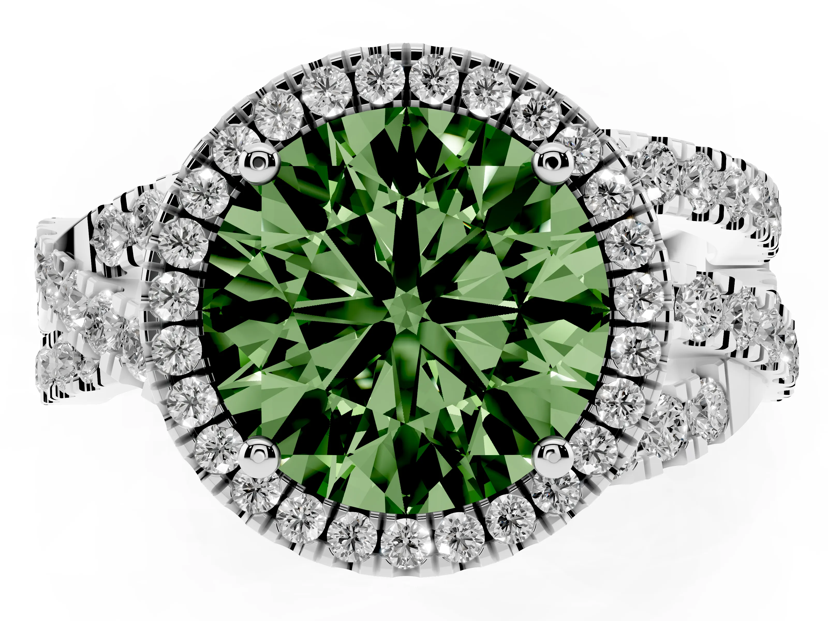 Fancy Green Round Cut Diamond Halo Ring Set in Platinum with Round Crossover Split Shank and Prong Setting