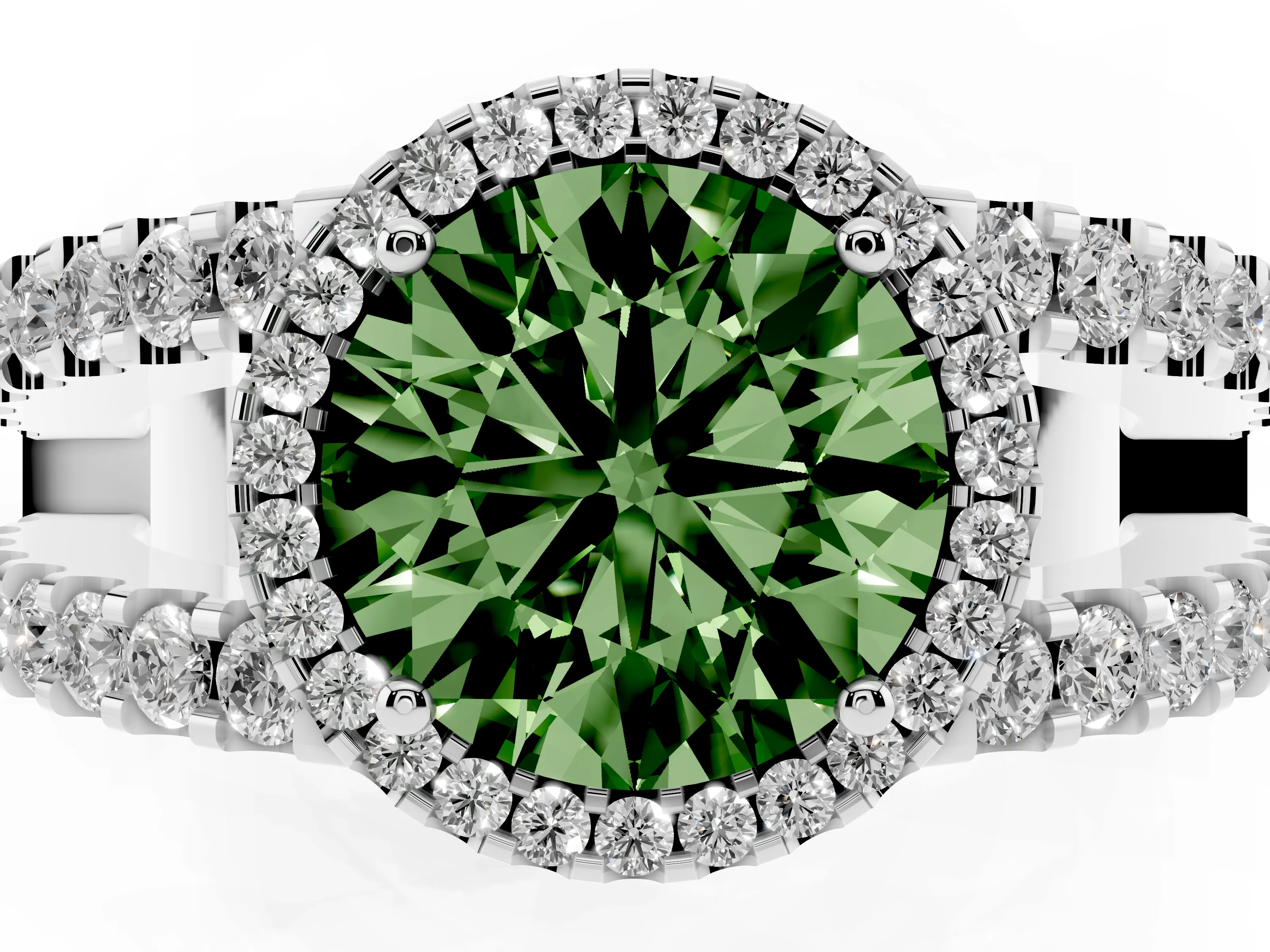 Fancy Green Round Cut Diamond Halo Ring Set in Silver with Pavé Split Shank and Prong Setting