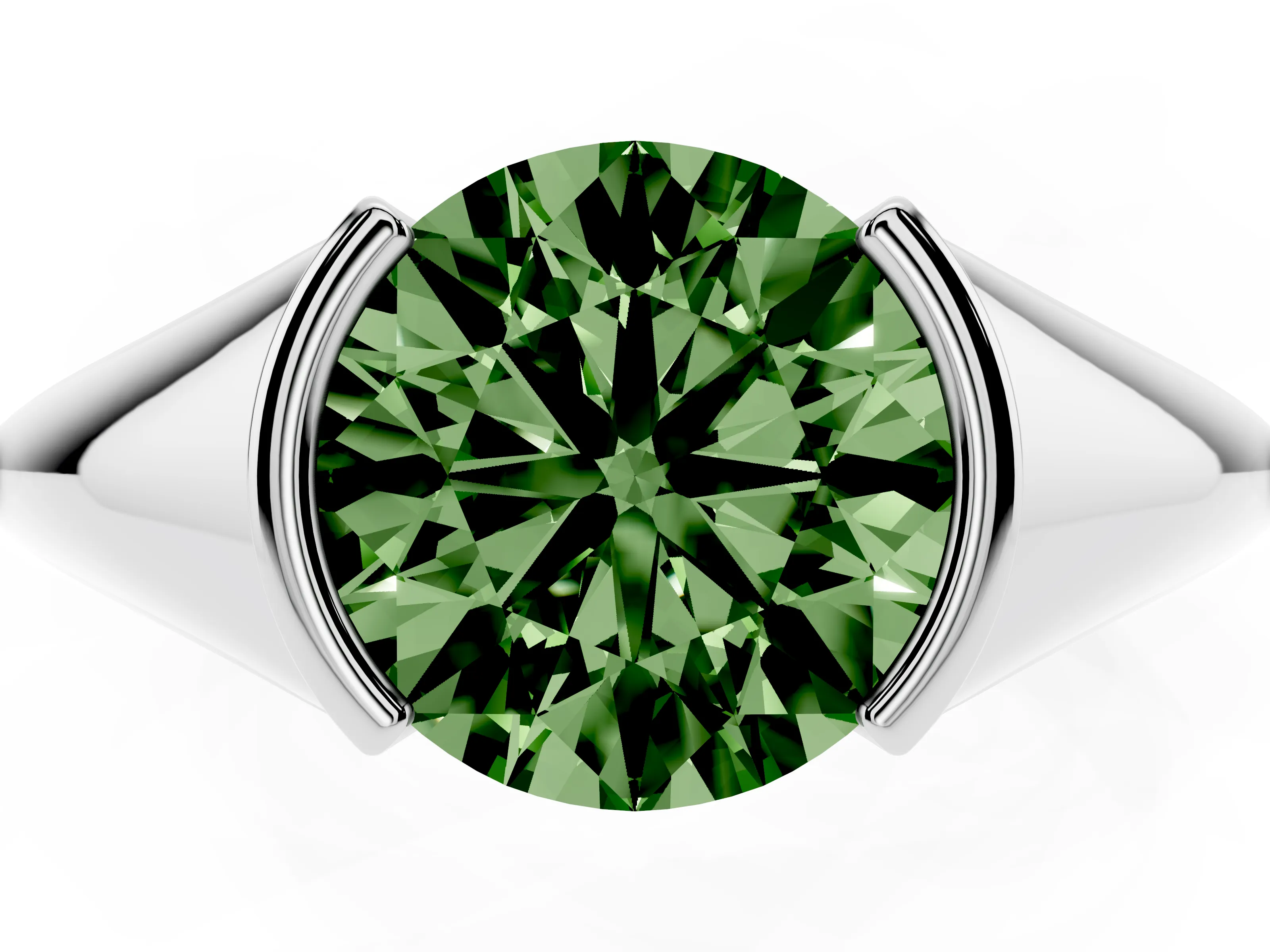 Fancy Green Round Cut Diamond Solitaire Tension Set Ring Set in Silver