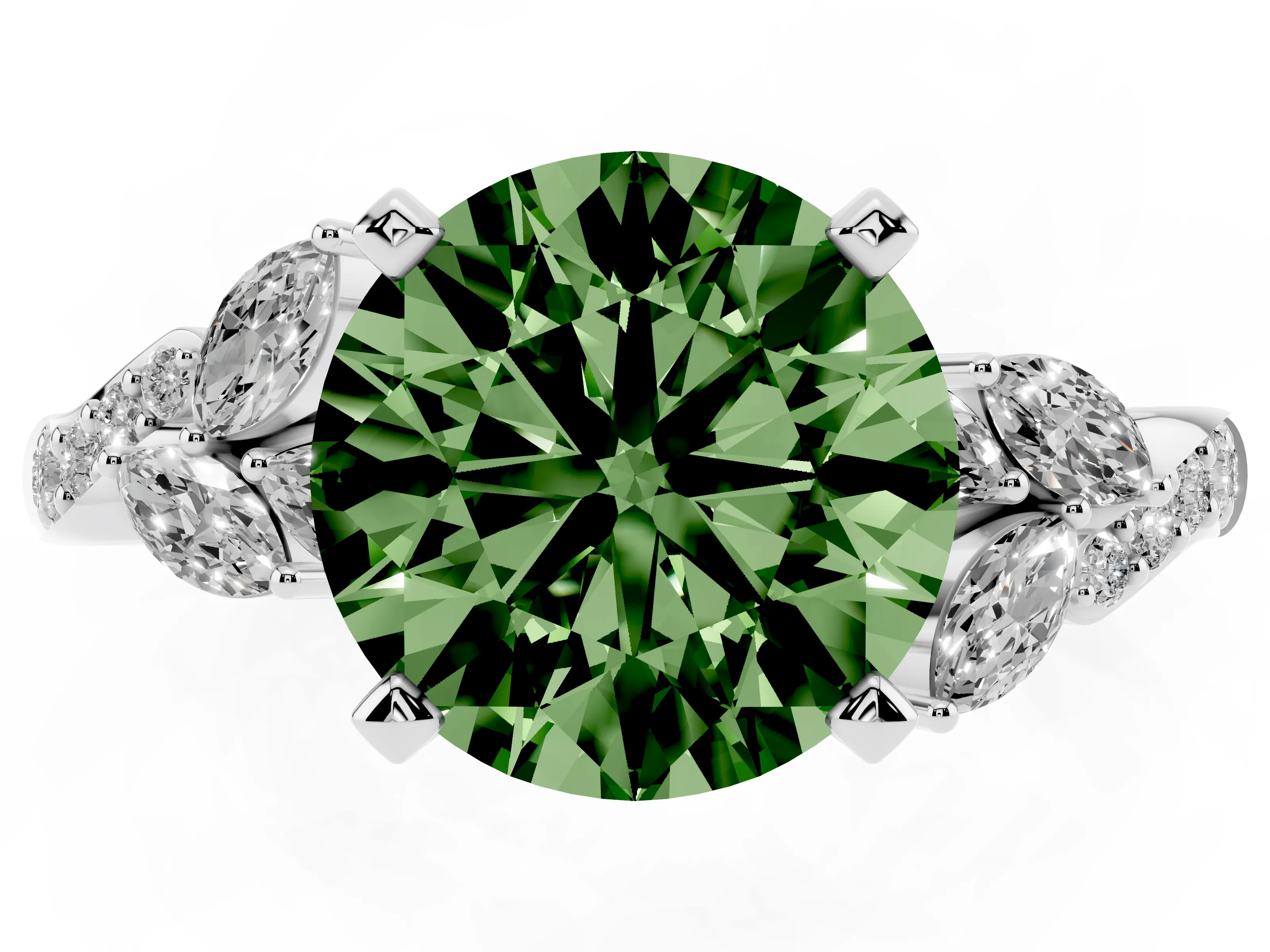 Fancy Green Round Cut Diamond Solitaire Ring Set in Silver with Marquise Twist Band and Prong Setting