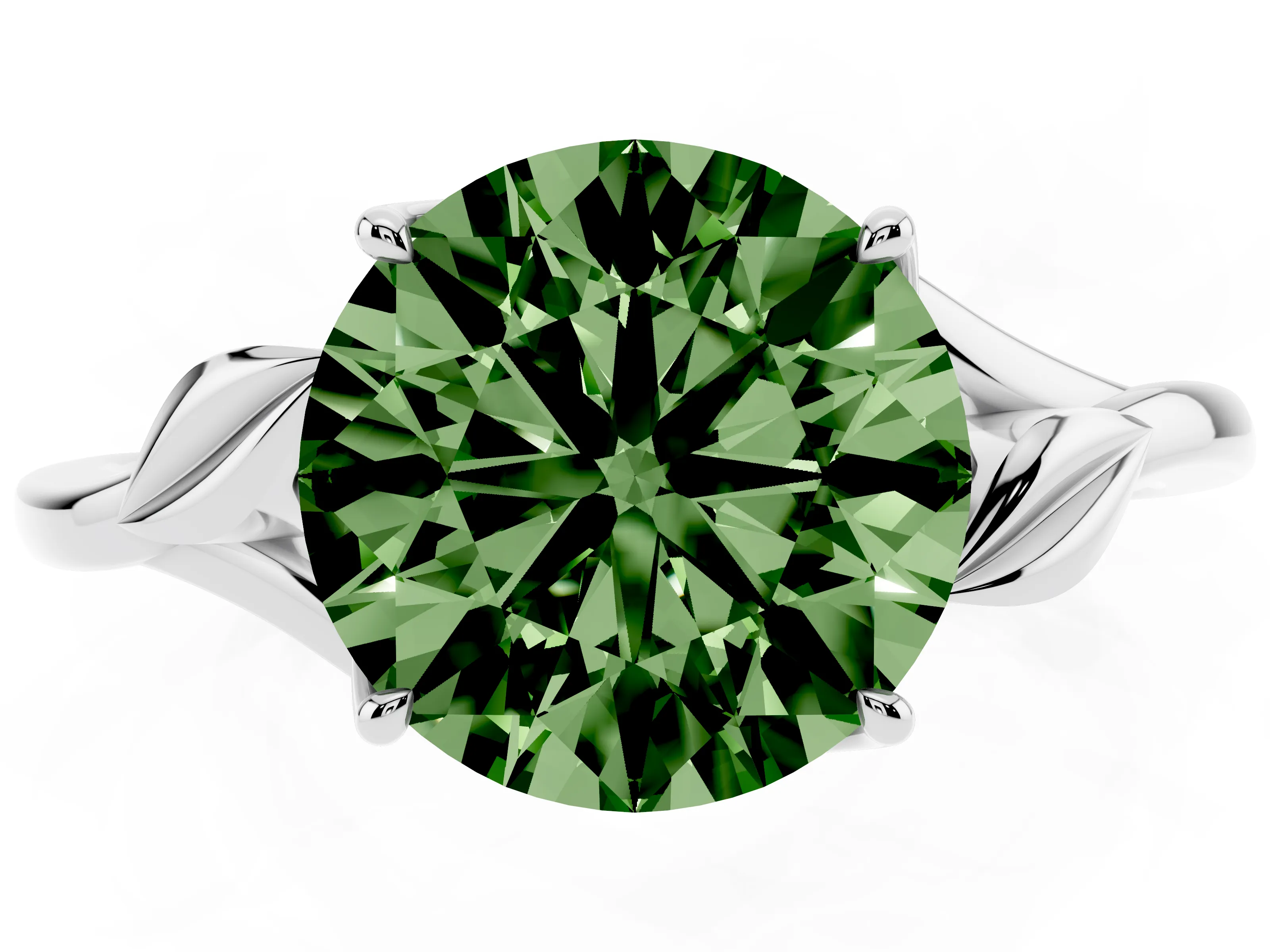 Fancy Green Round Cut Diamond Solitaire Ring Set in White gold with Polished Twist Band