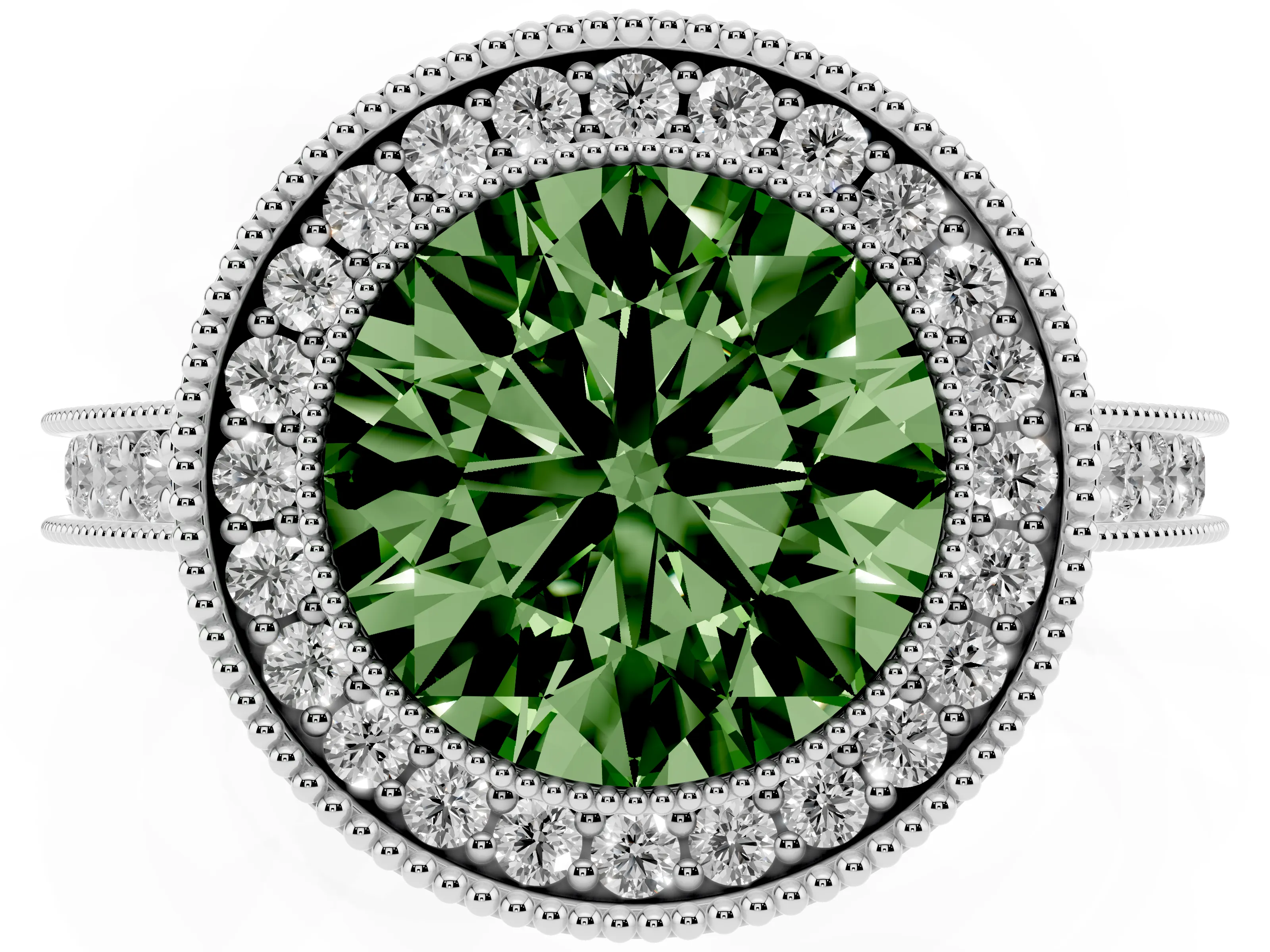 Fancy Green Round Cut Diamond Halo Milgrain Pavé Band Ring Set in Platinum with Prong Setting