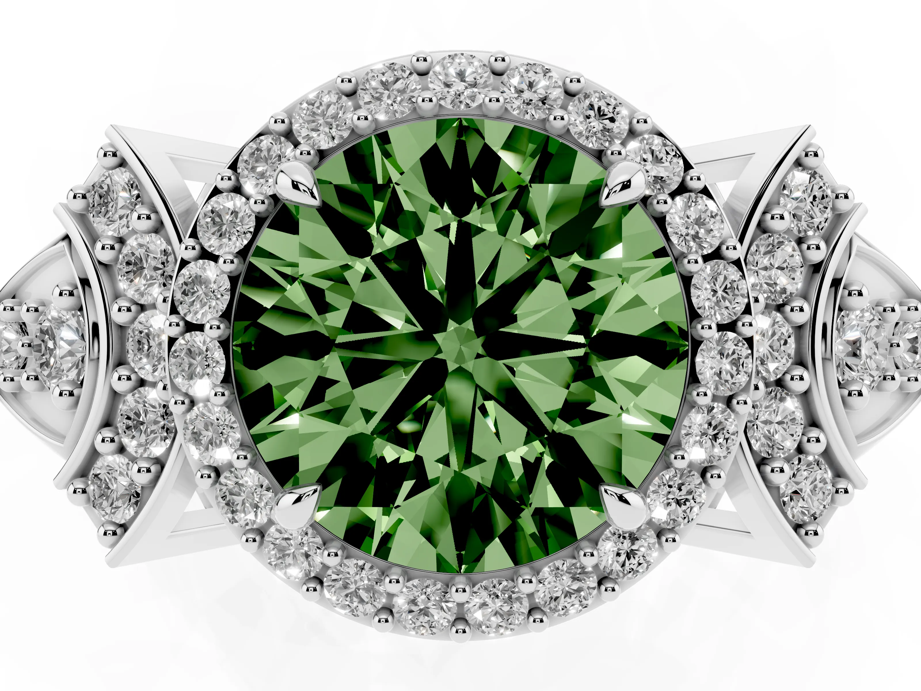 Fancy Green Round Cut Diamond Halo Engagement Ring Set in Platinum with Accent Stone Split Shank