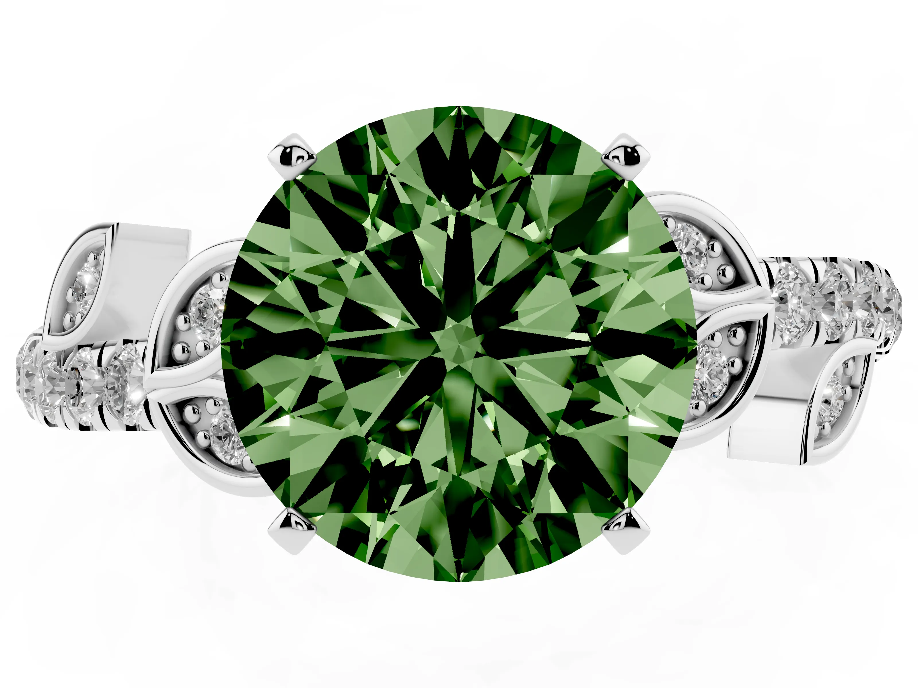 Fancy Green Round Cut Diamond Solitaire Leaf-Inspired Ring Set in Platinum with Pavé Band and Prong Setting