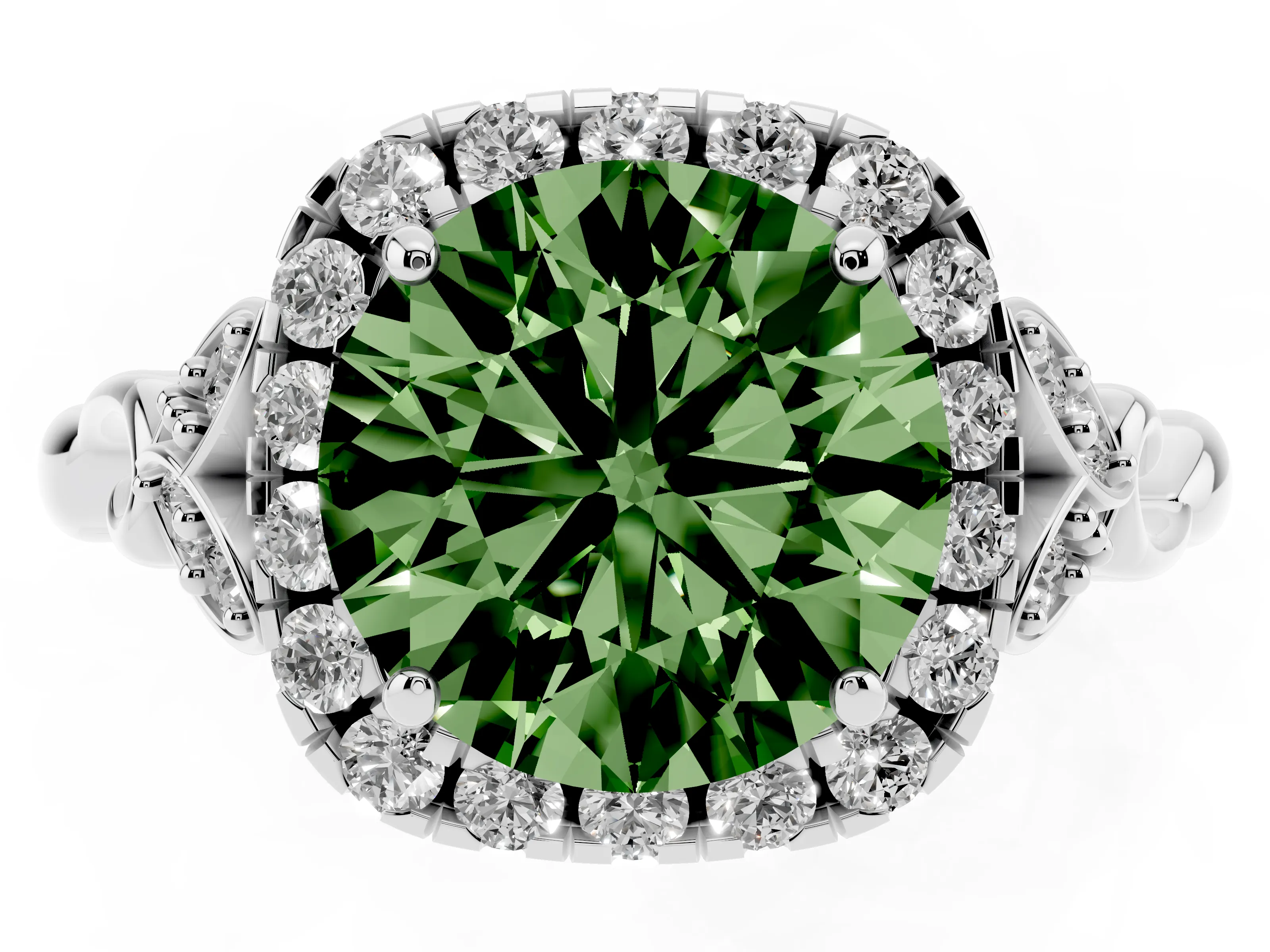 Fancy Green Round Cut Diamond Halo Engagement Ring Set in White gold with Vintage-Inspired Band and Prong Setting