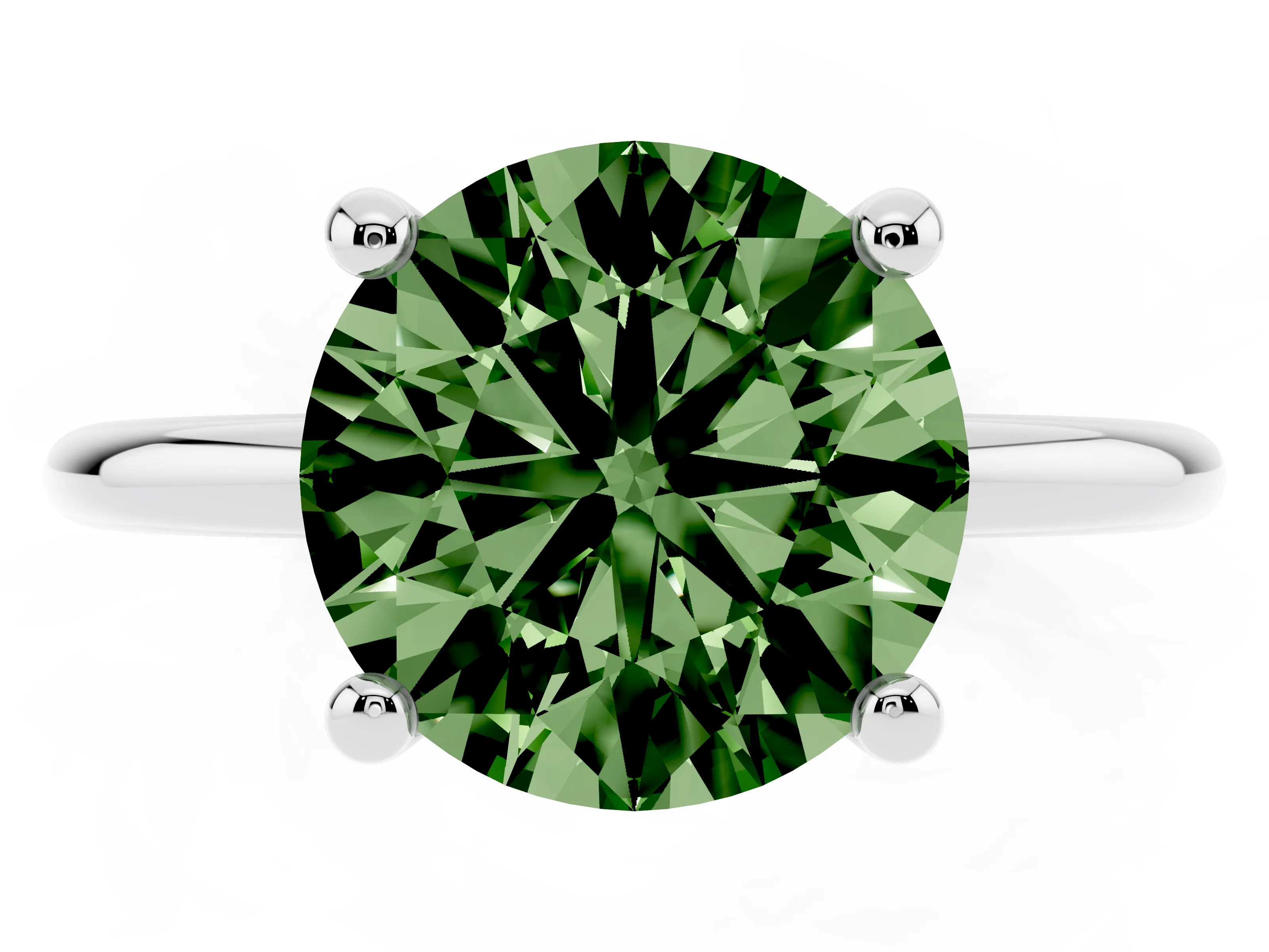 Fancy Green Round Cut Diamond Solitaire Ring Set in Silver with Secure Prong Setting on a Classic Band
