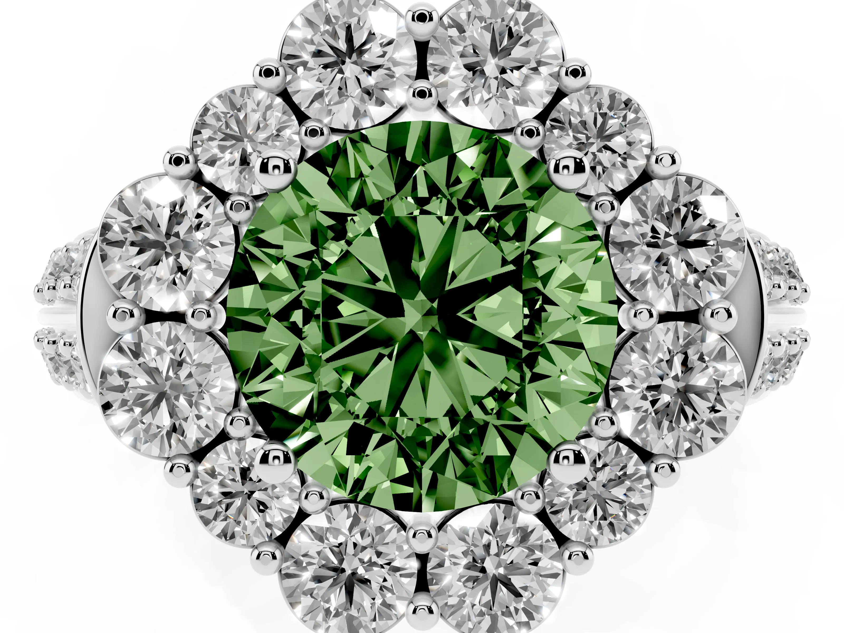 Fancy Green Round Cut Diamond Halo Engagement Ring Set in White gold with Split Shank and Prong Setting