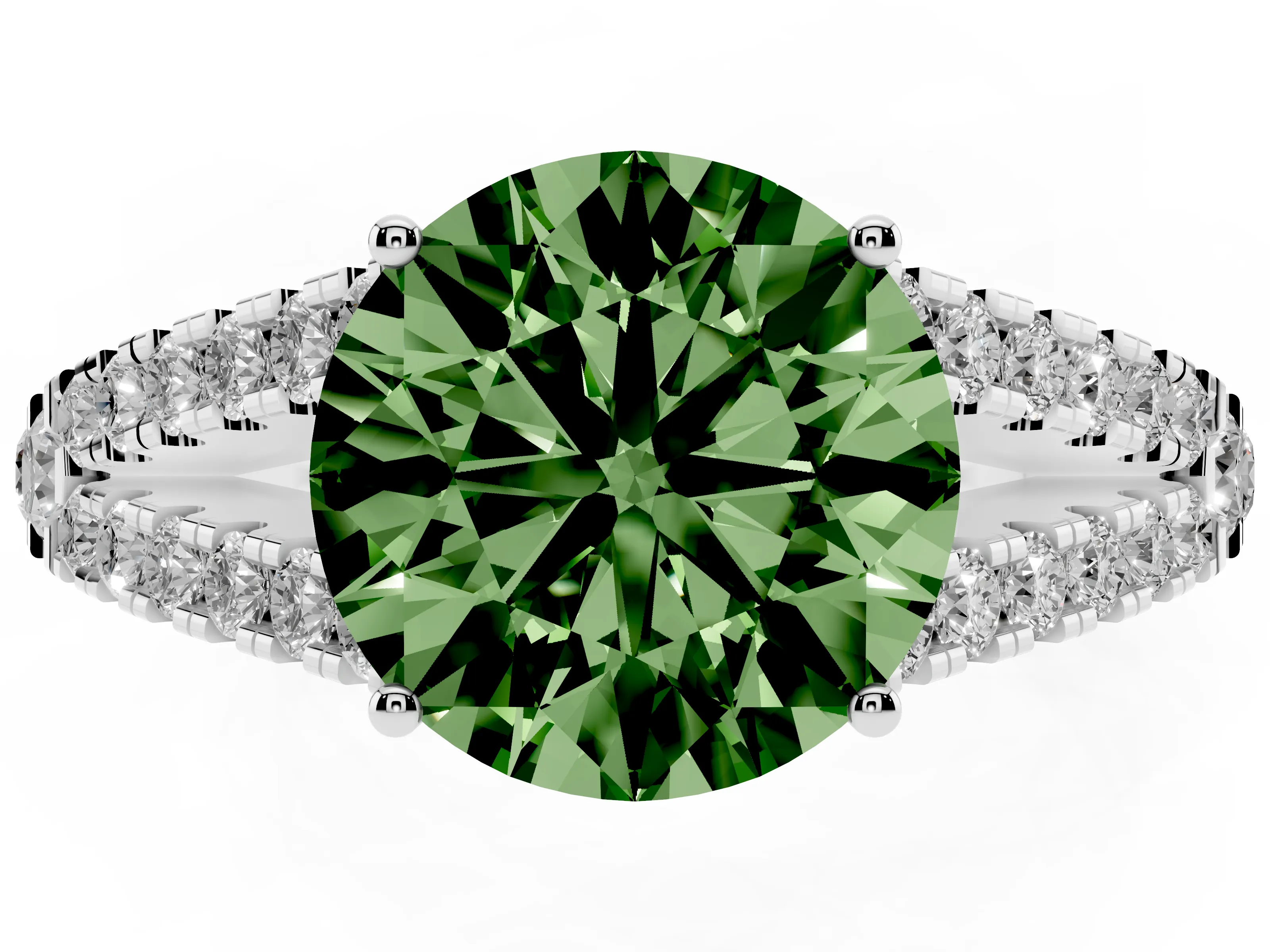 Fancy Green Round Cut Diamond Split Shank Pavé Engagement Ring Set in Silver with Prong-Held Center Stone